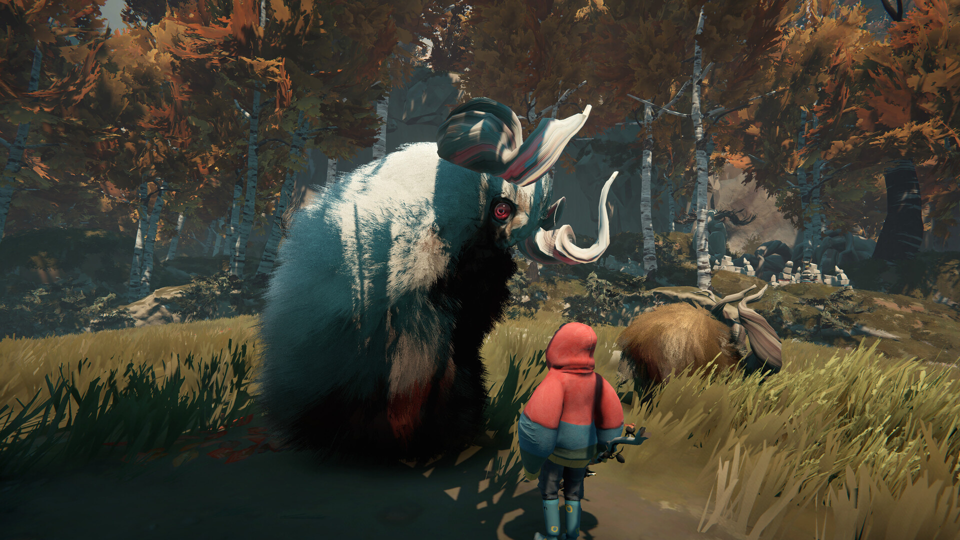 Via faces a large Calicorn in a wooded clearing.