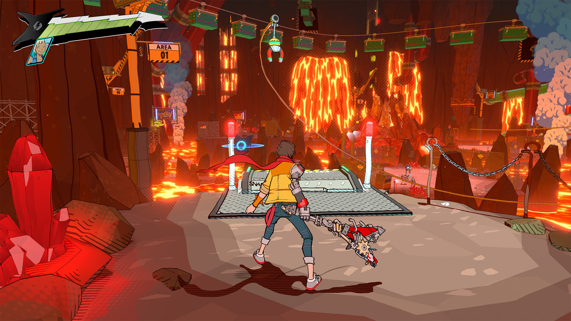 Chai faces a platforming route through a glowing industrial area.