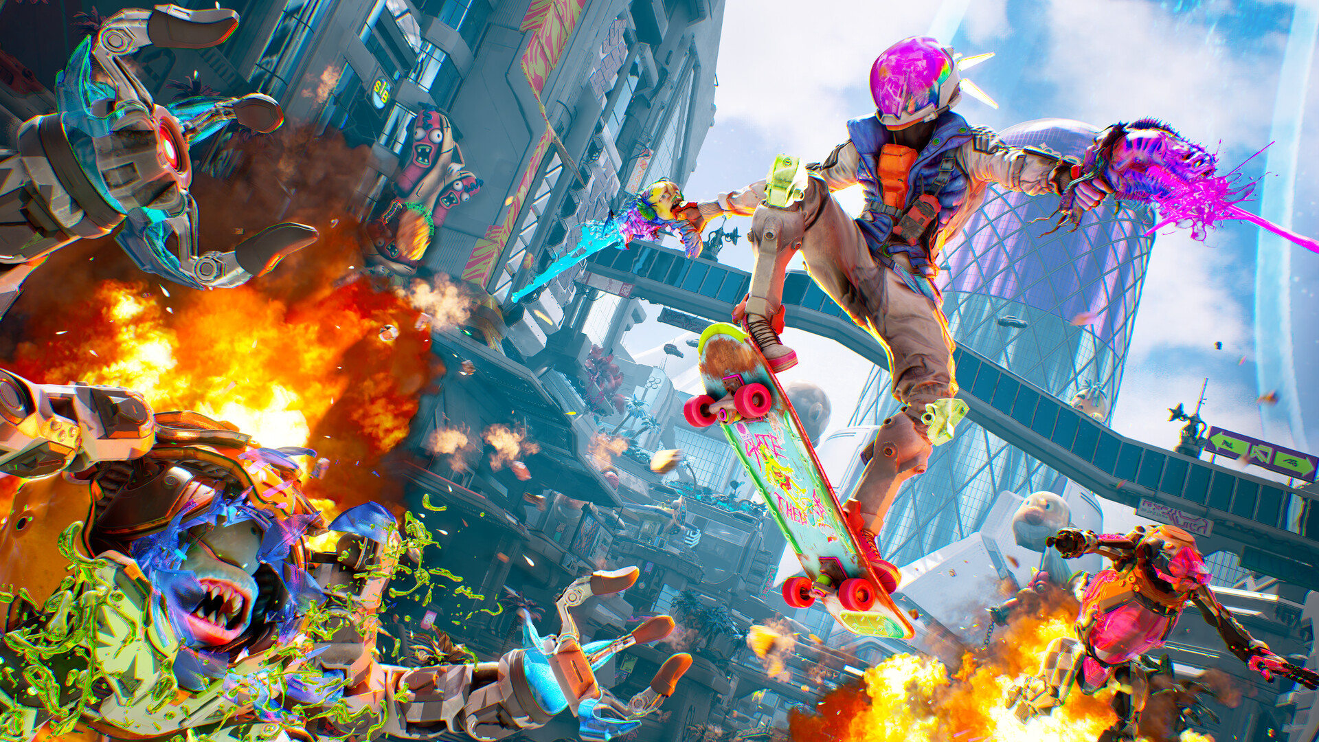 A skateboarder leaps through a chaotic alien city battle.