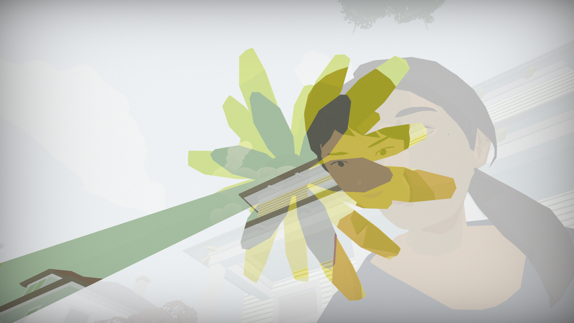 A close-up of a hand and flower overlaps a memory scene.