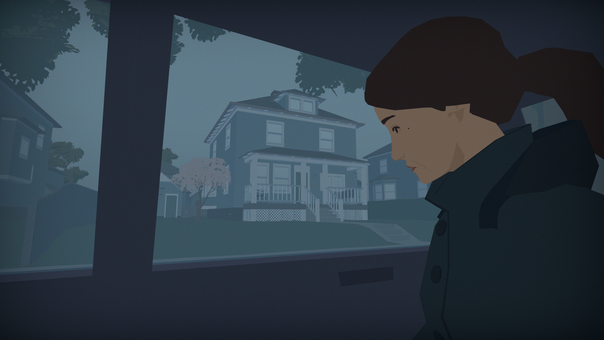 A woman looks towards a house from inside a car.