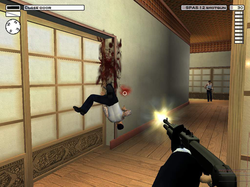Agent 47 fires down a corridor inside a Japanese building.