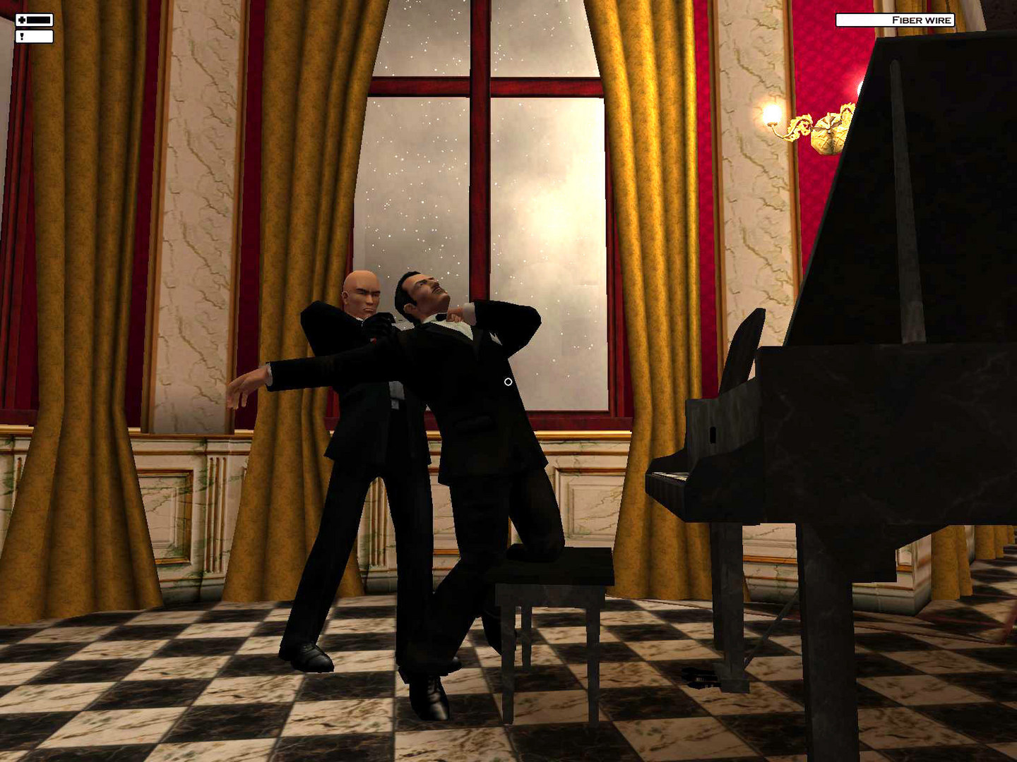 Agent 47 fights two men near a curtained window.