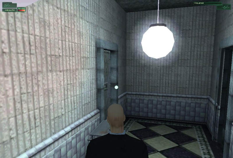 Agent 47 stands inside a tiled room.