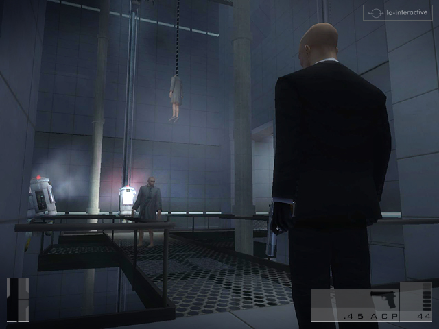 Agent 47 surveys a dim interior from behind.