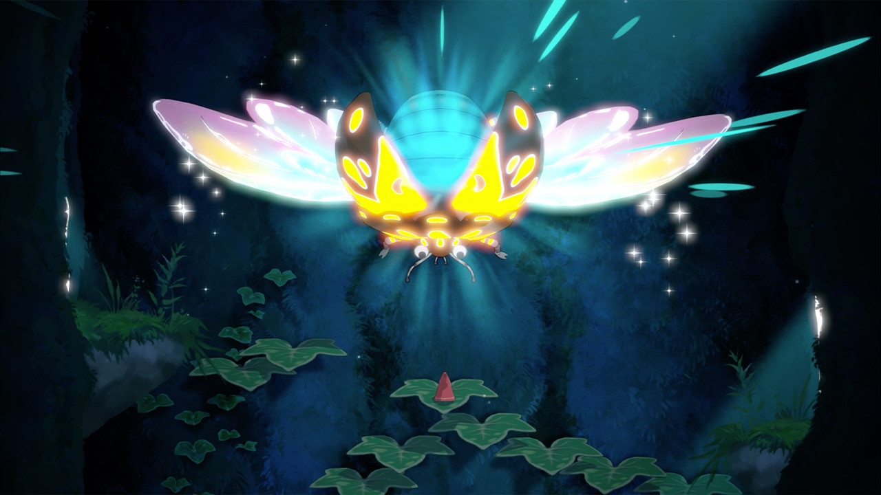 A luminous winged creature hovers in the dark forest.