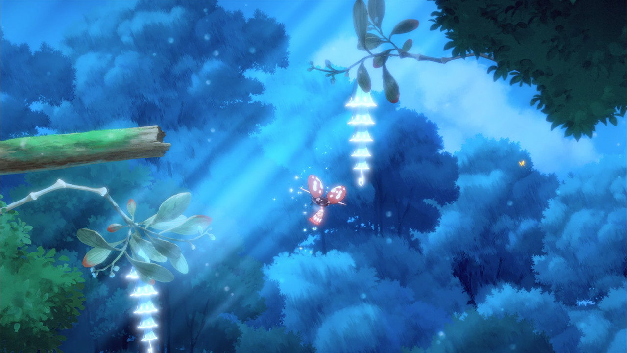 Hoa follows a trail of bright platforms through a blue forest.