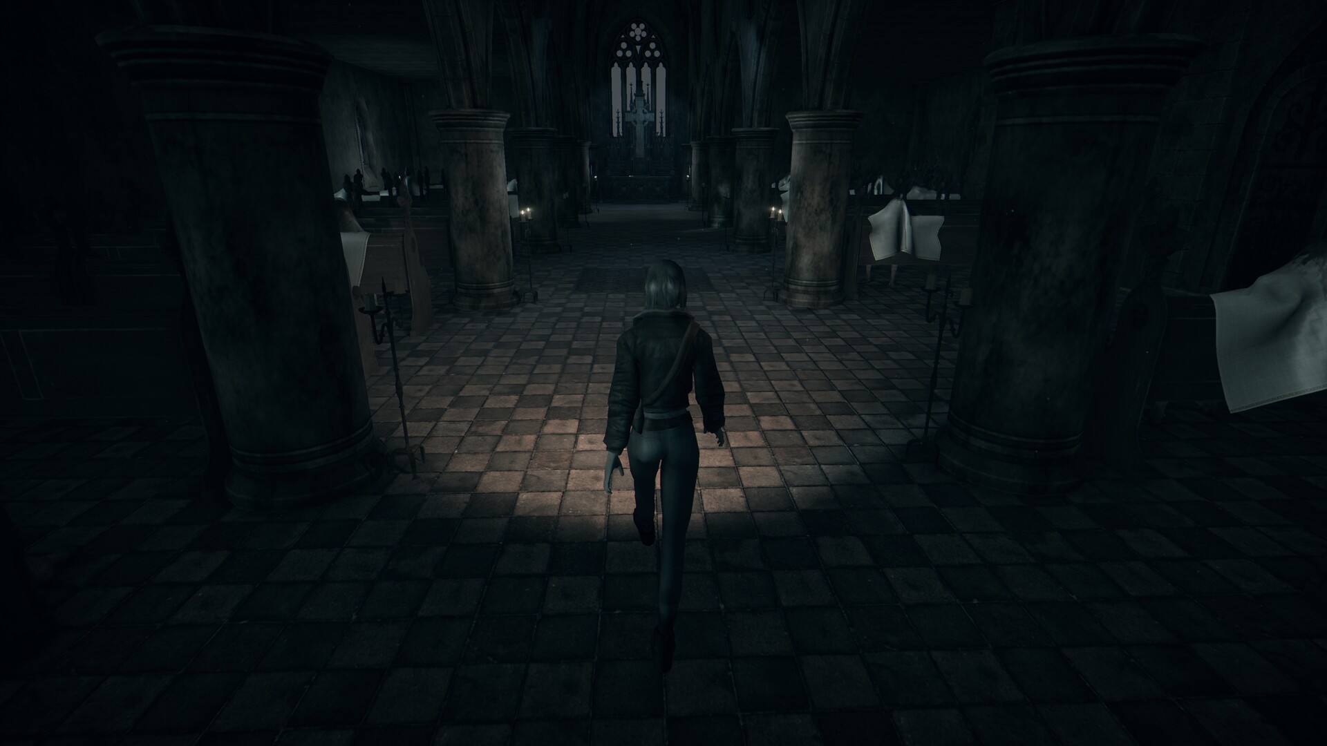 Mica crosses the central aisle of a dark, ruined hall.