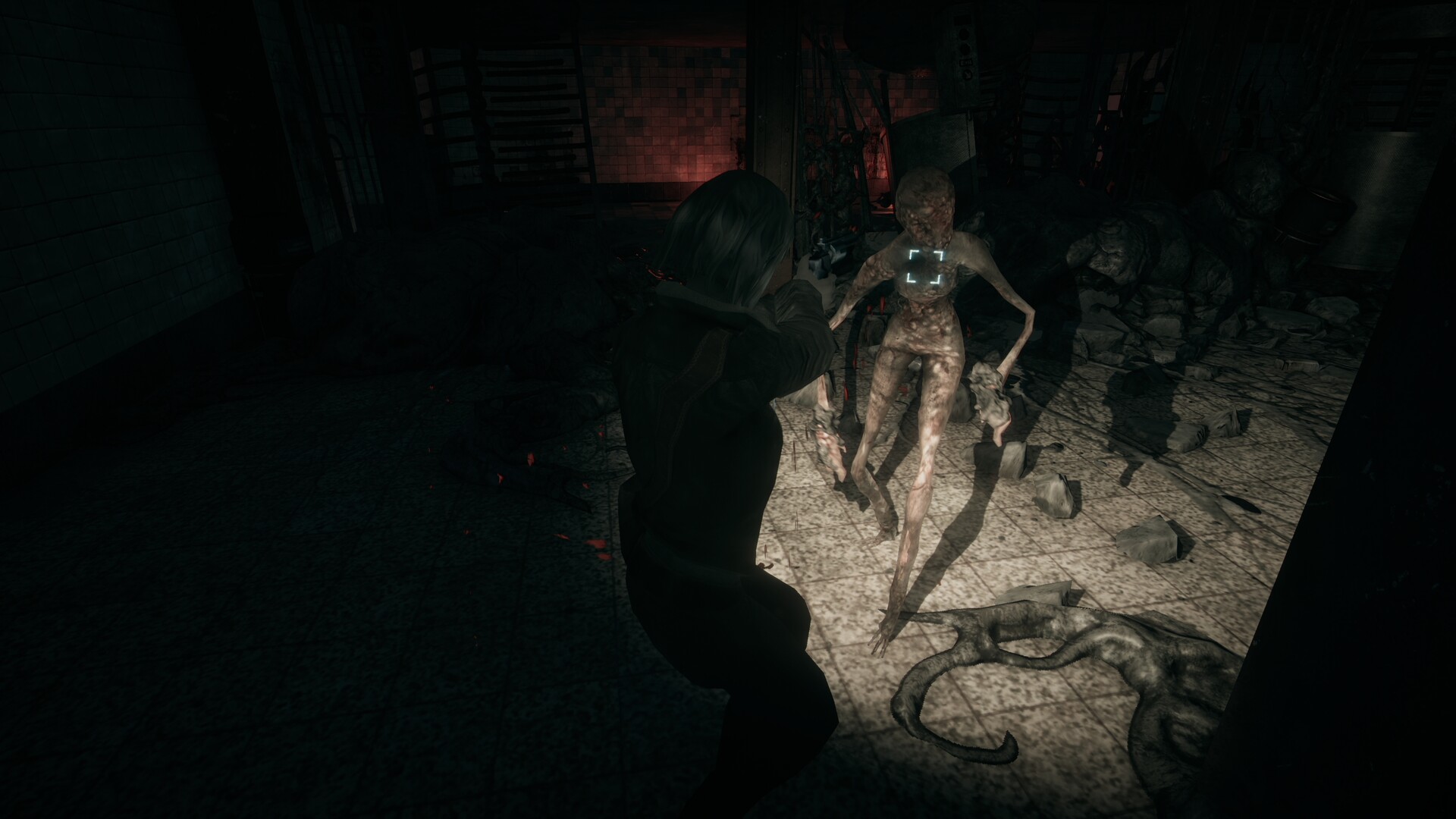 Mica aims a handgun at a creature in a debris-filled room.
