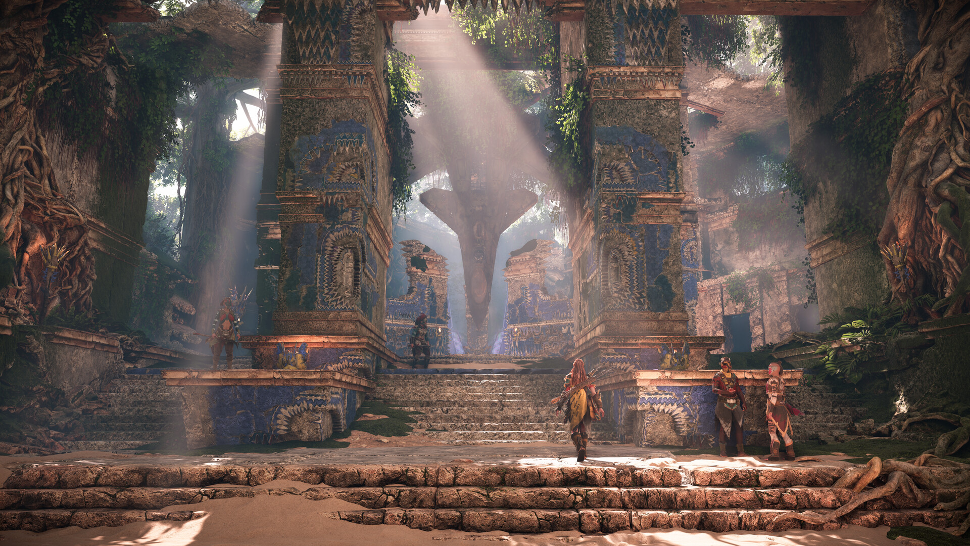 Aloy explores the interior of an overgrown ruin.