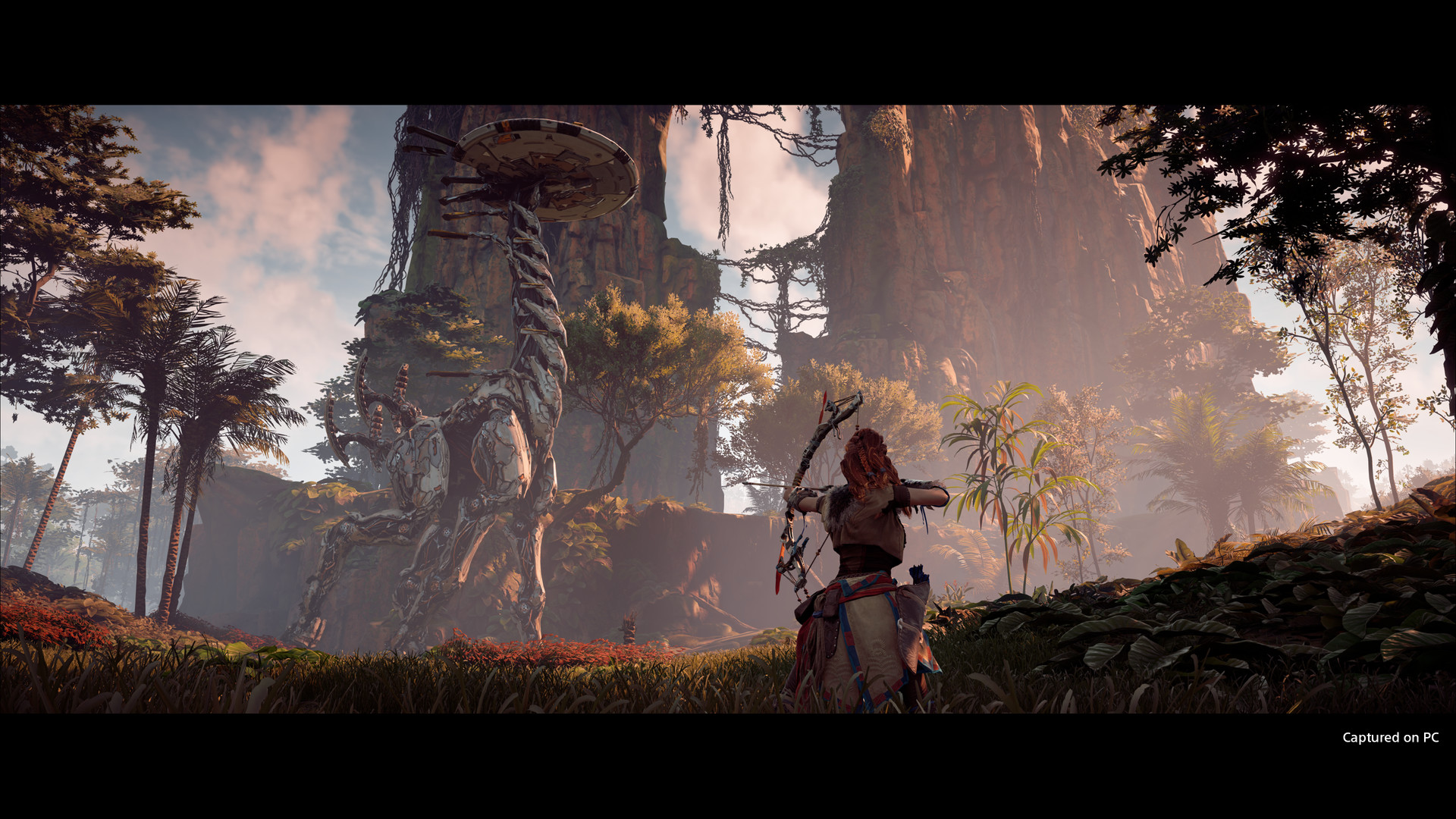 Aloy surveys a wooded ruin with her bow ready.
