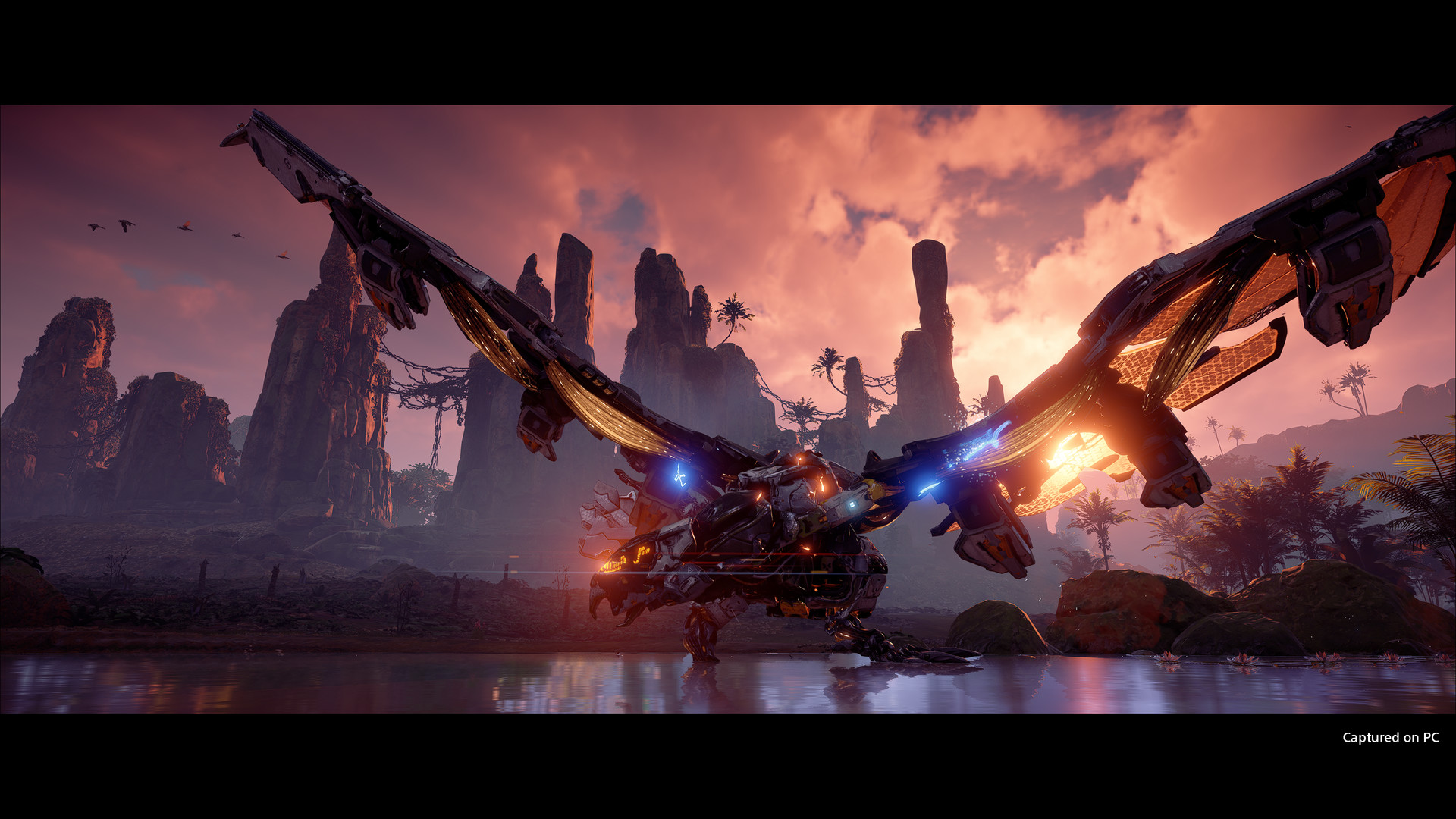 A flying machine approaches above a rocky valley at dusk.