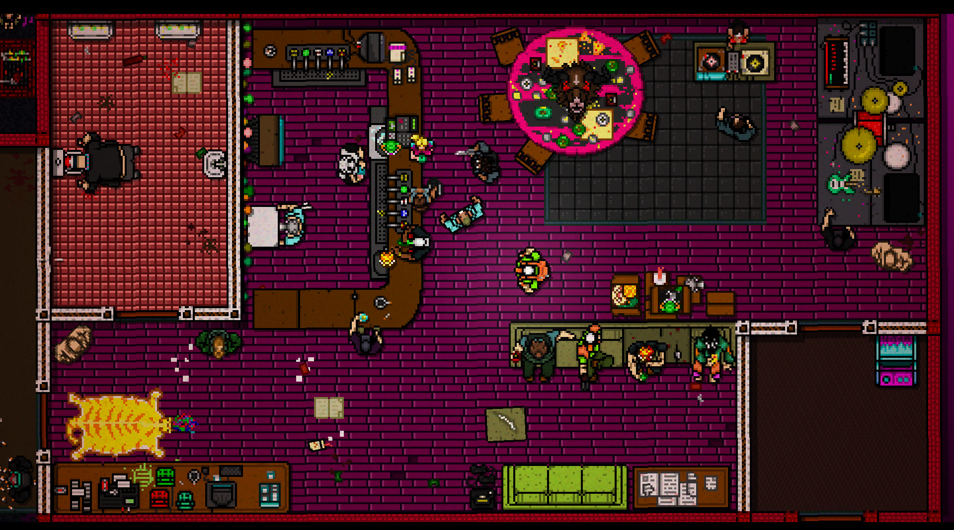 A top-down view reveals armed enemies across a colourful interior.