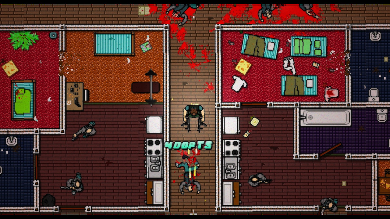 A top-down firefight spreads through adjoining rooms.