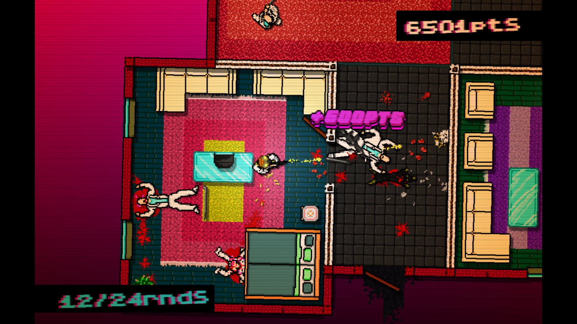 A top-down room shows the aftermath of a close-quarters fight.