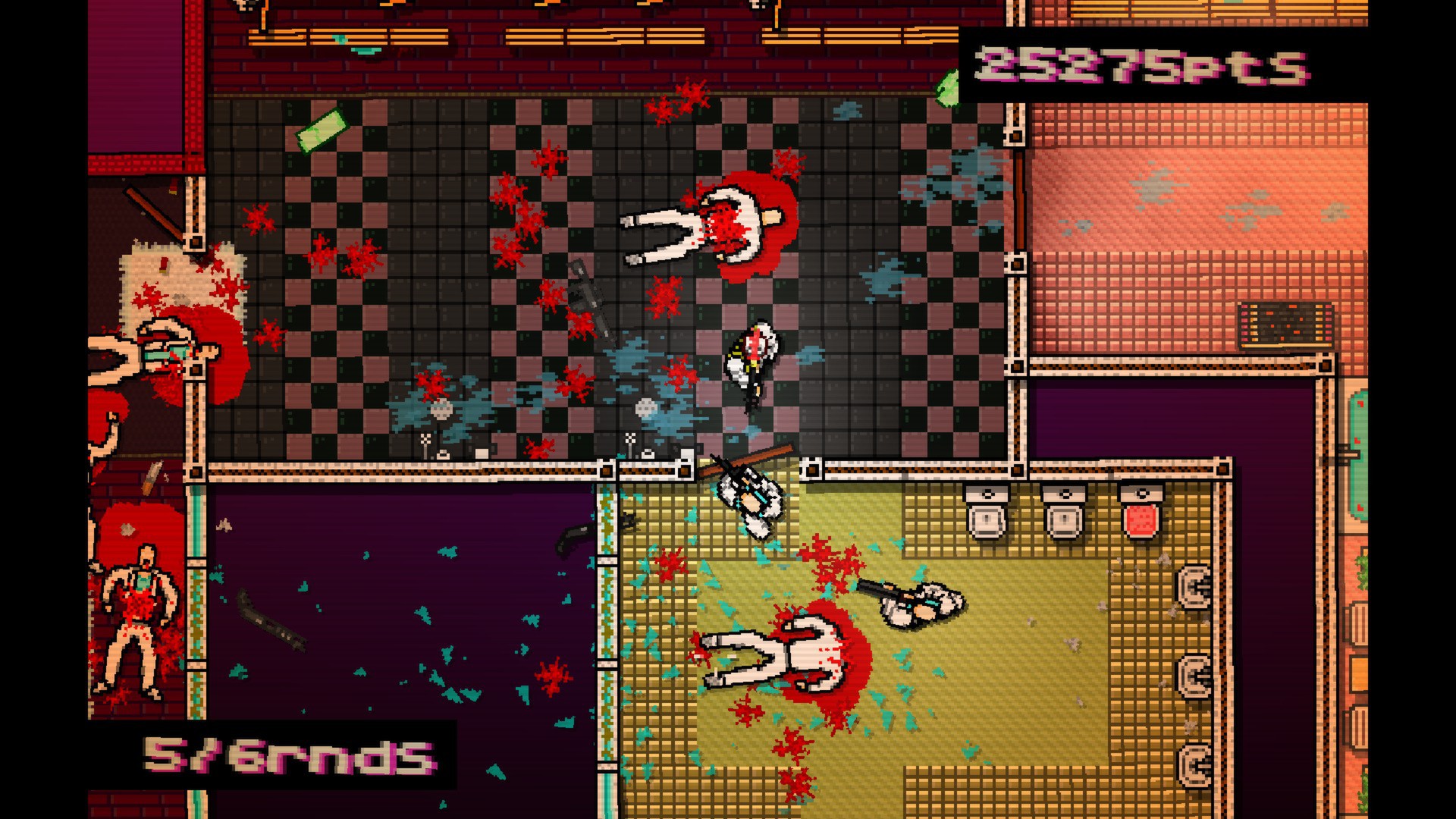 A top-down firefight unfolds across adjoining rooms.