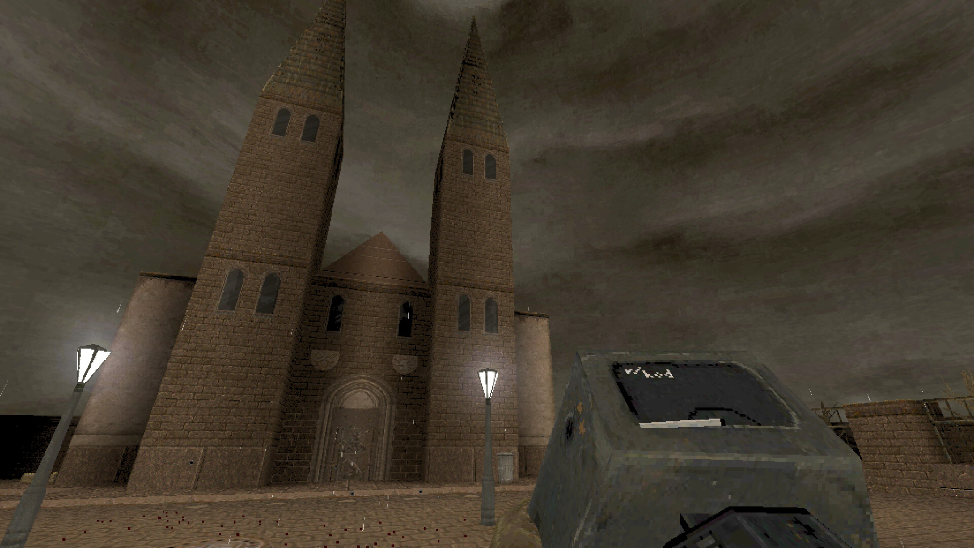 A church rises beneath a dark sky as the player holds a firearm.