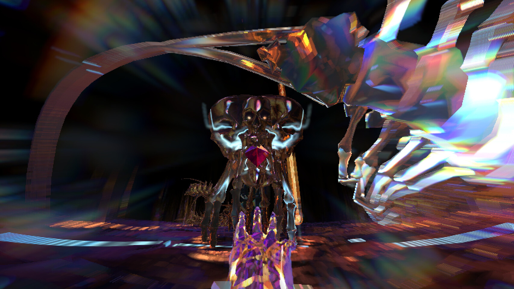 A crystalline demon towers inside a dark arena.