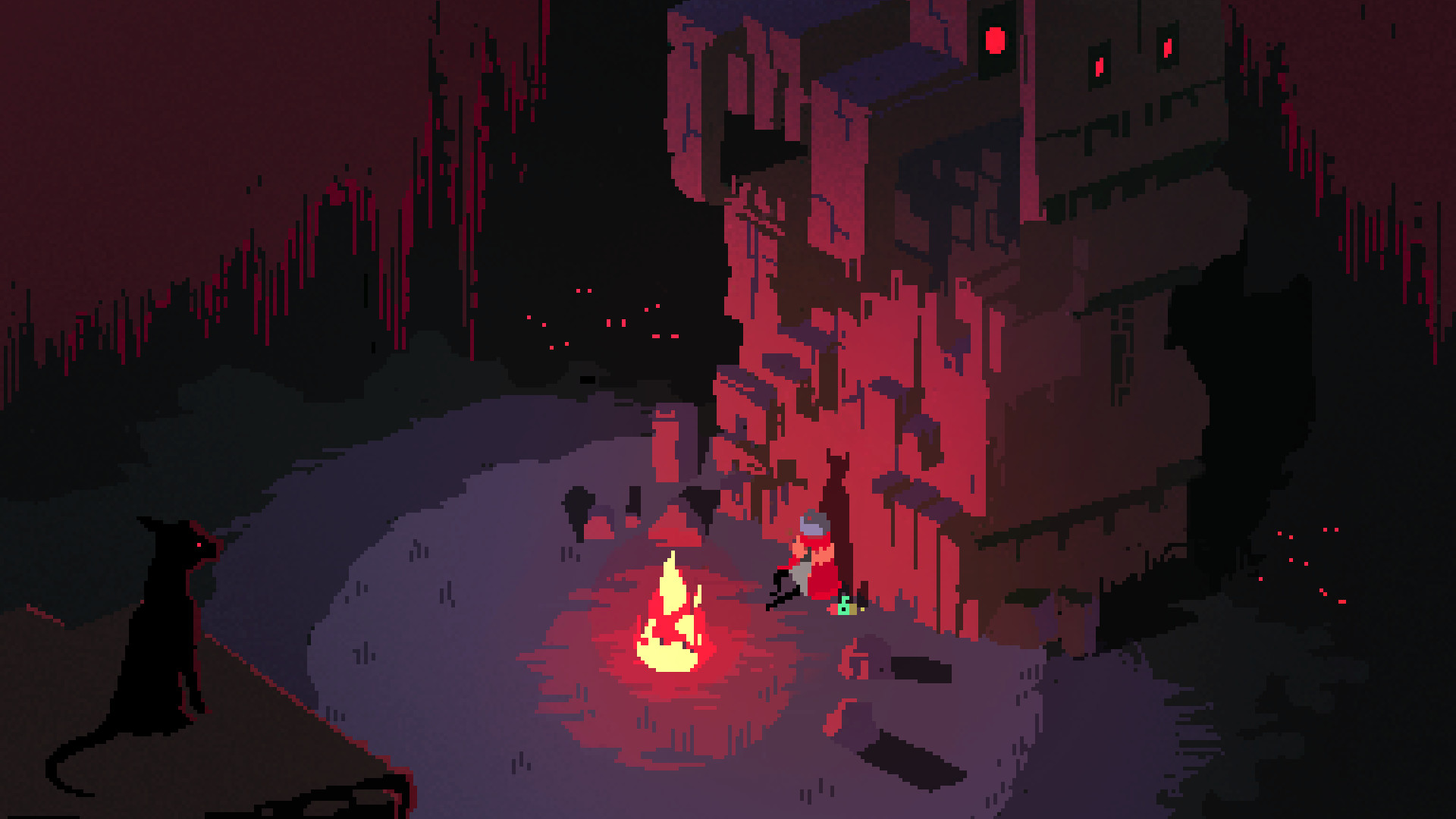 The Drifter rests beside a campfire beneath red ruins.