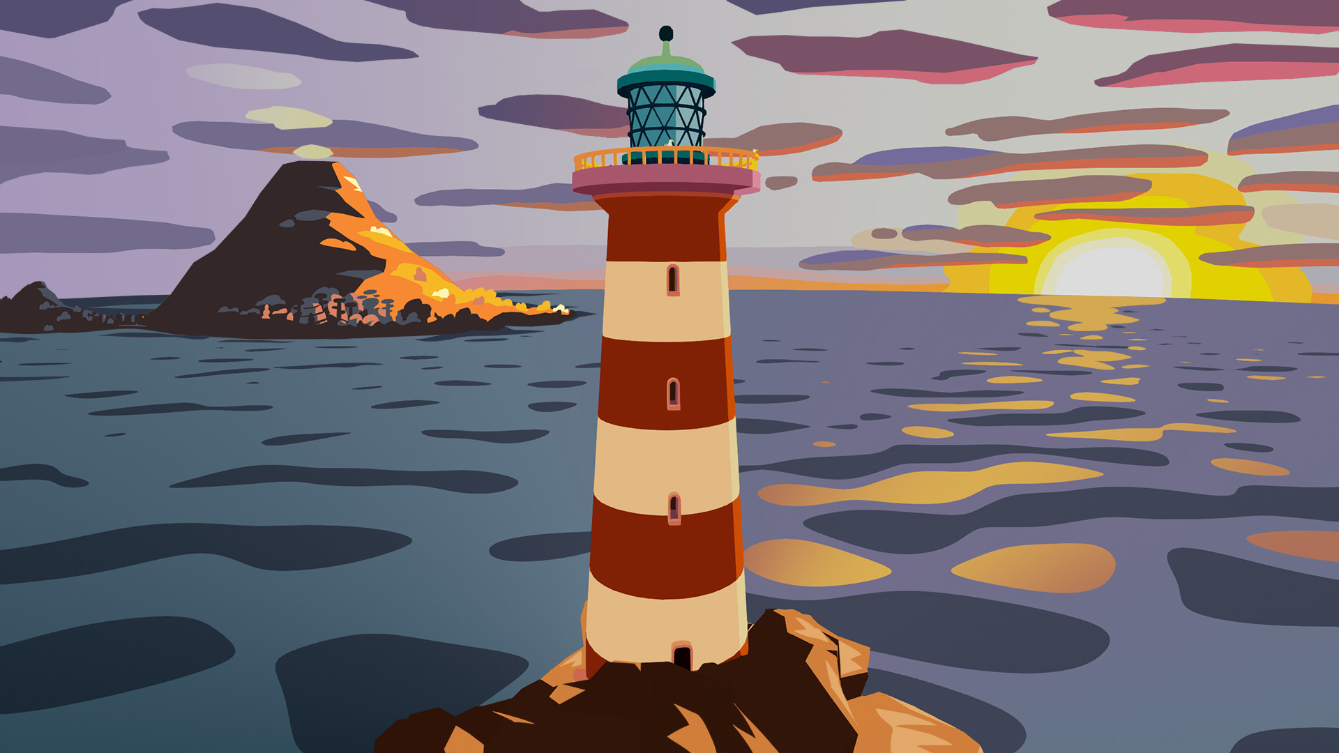 A lighthouse stands on an island at sunset.