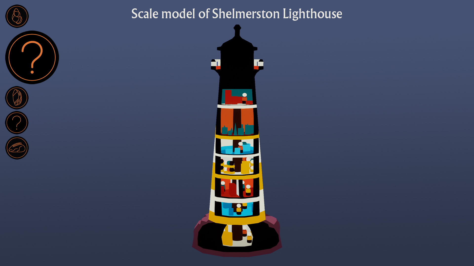 A cutaway model reveals rooms inside Shelmerston Lighthouse.