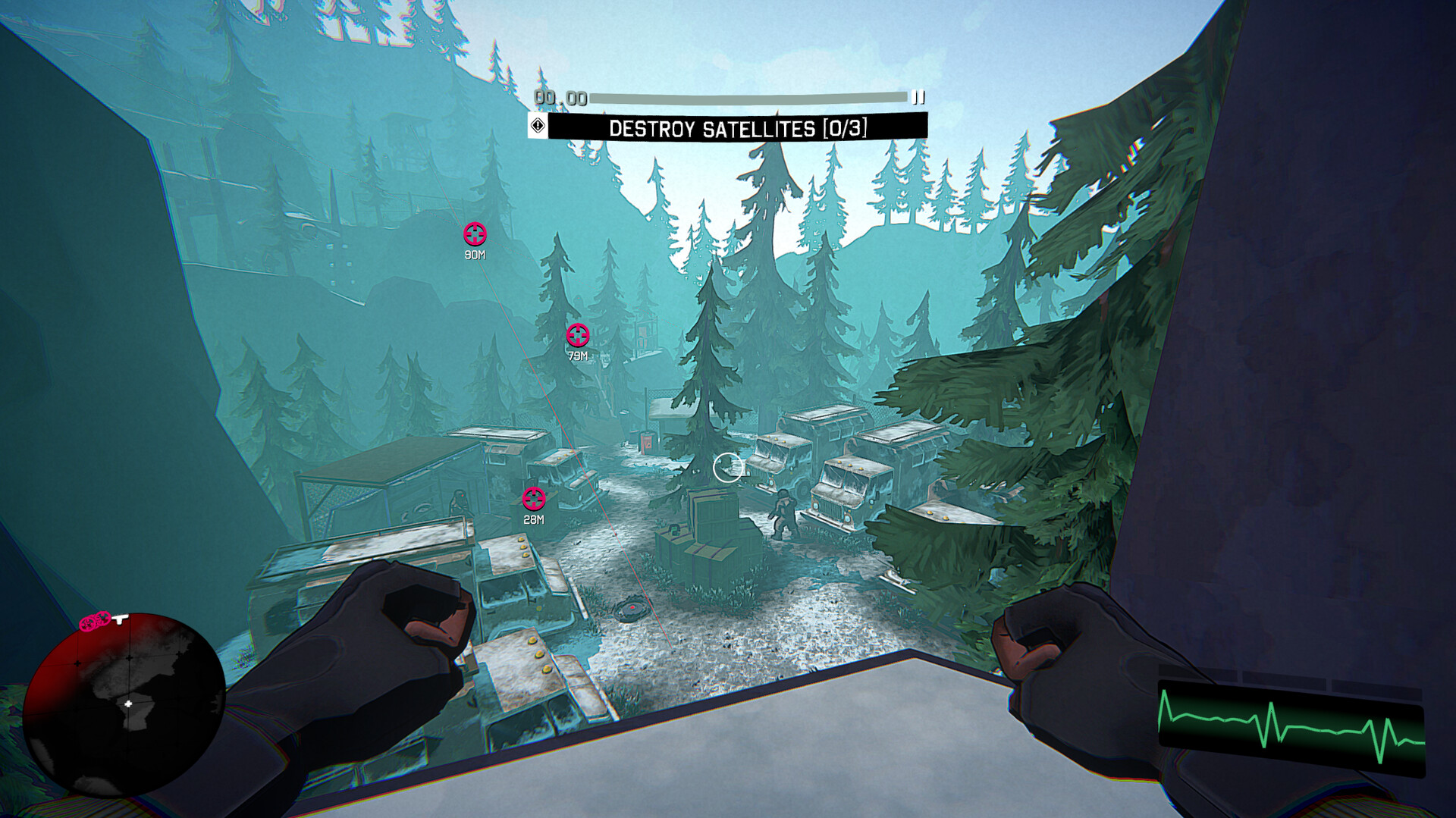 The player overlooks a forested compound from a high ledge.