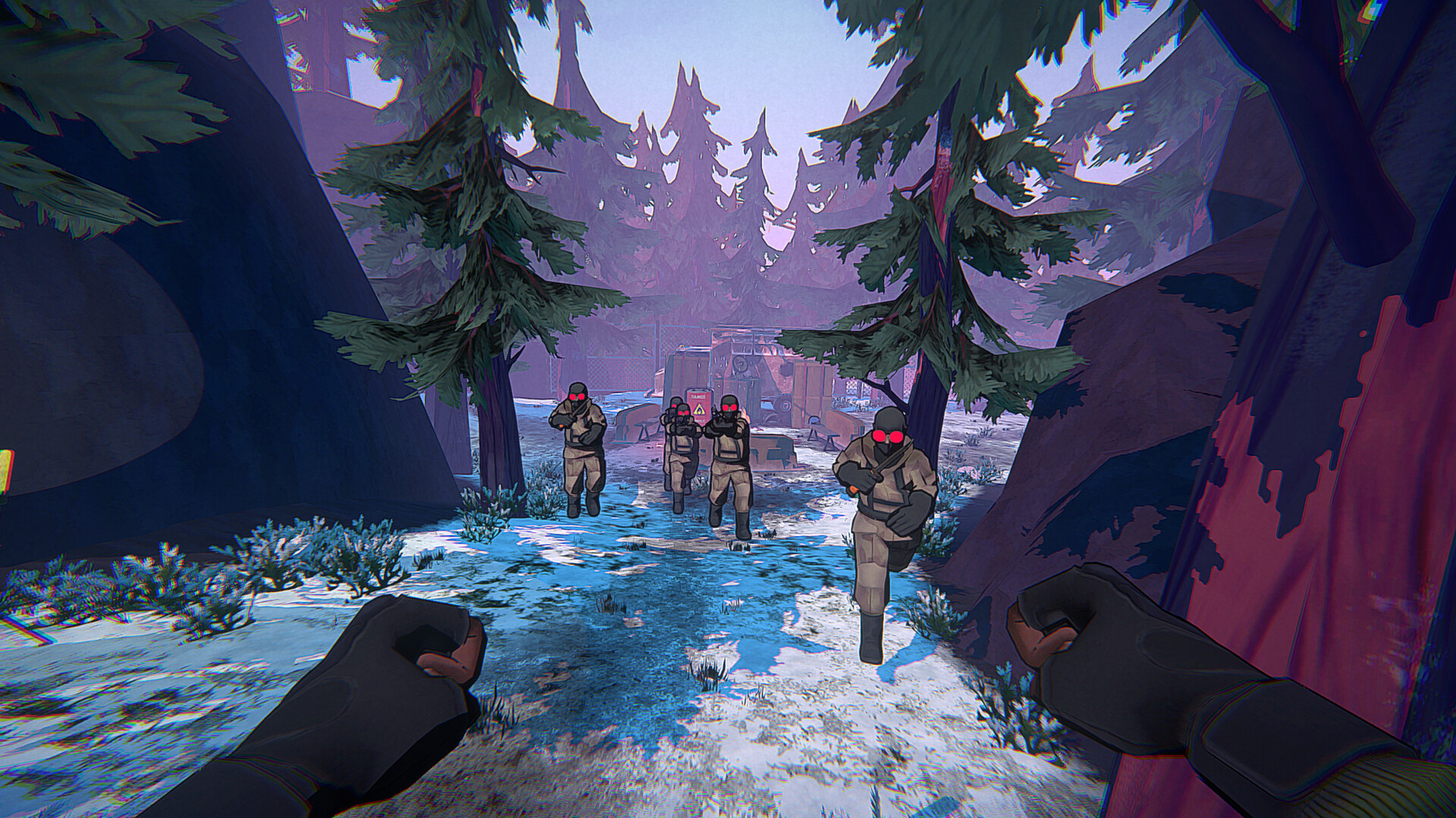 Armed pursuers advance along a snowy forest path.