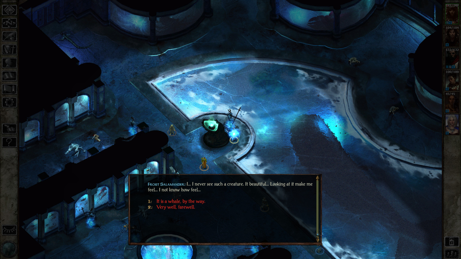 A dialogue scene unfolds in an icy chamber.