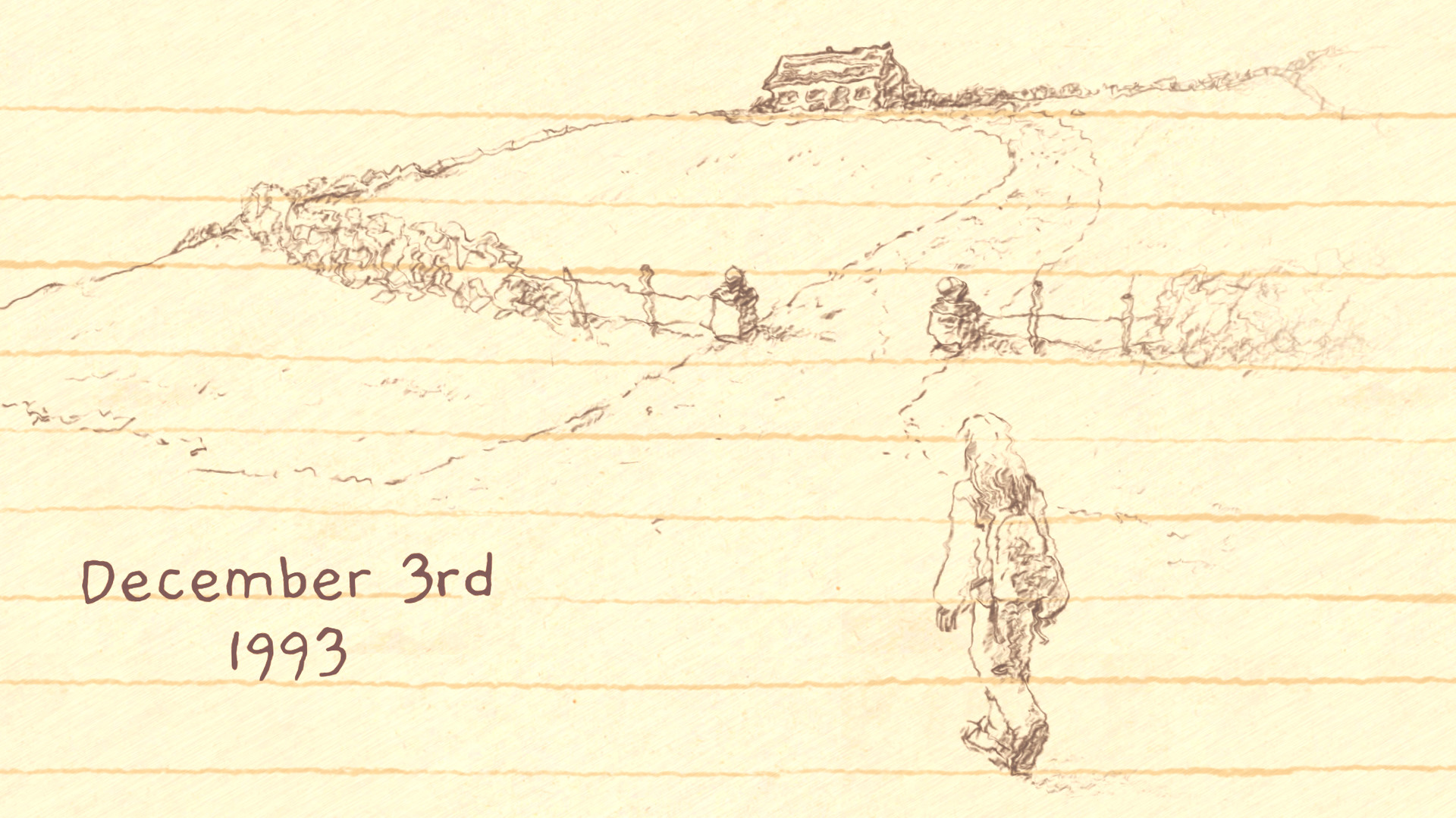 A sketched figure crosses an Irish landscape on a dated diary page.