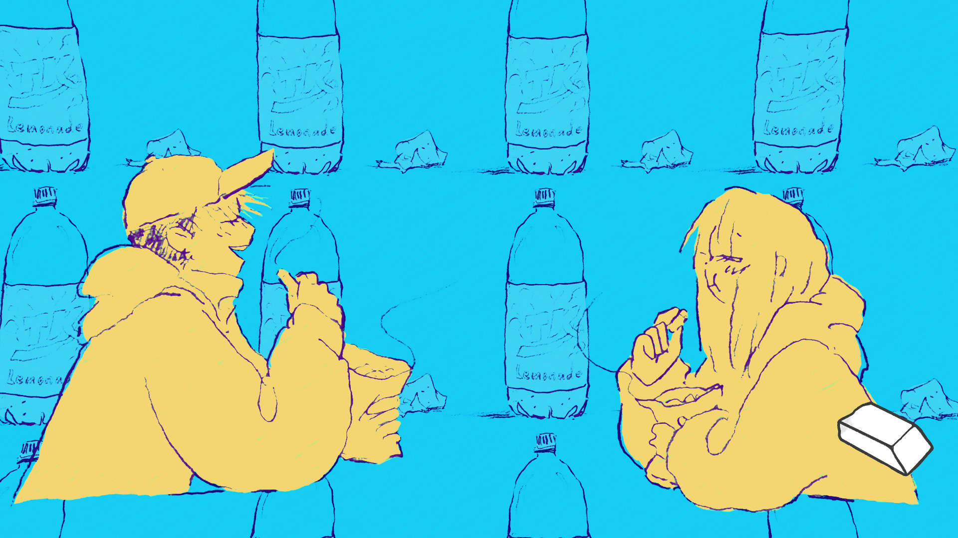 Two friends speak against a bright blue illustrated background.
