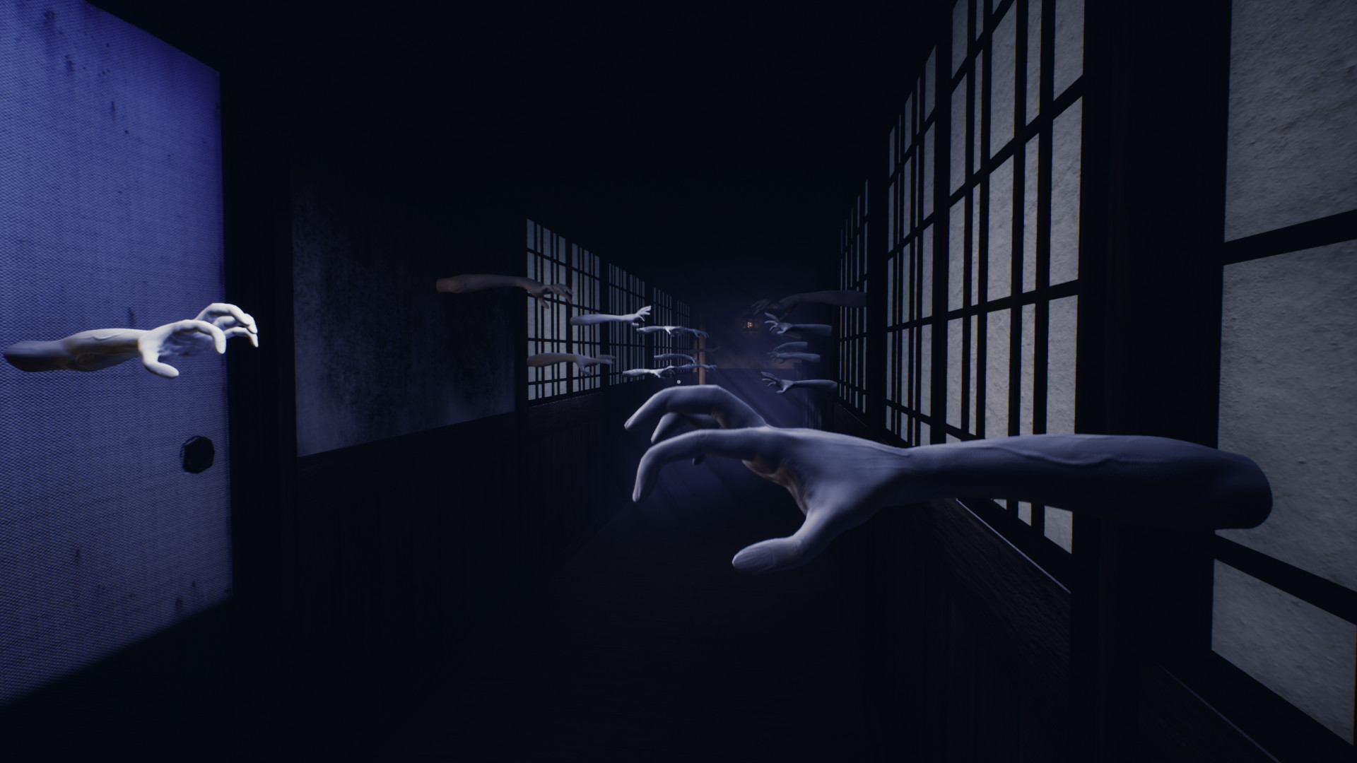 Hands reach into a dark corridor beside a sliding door.