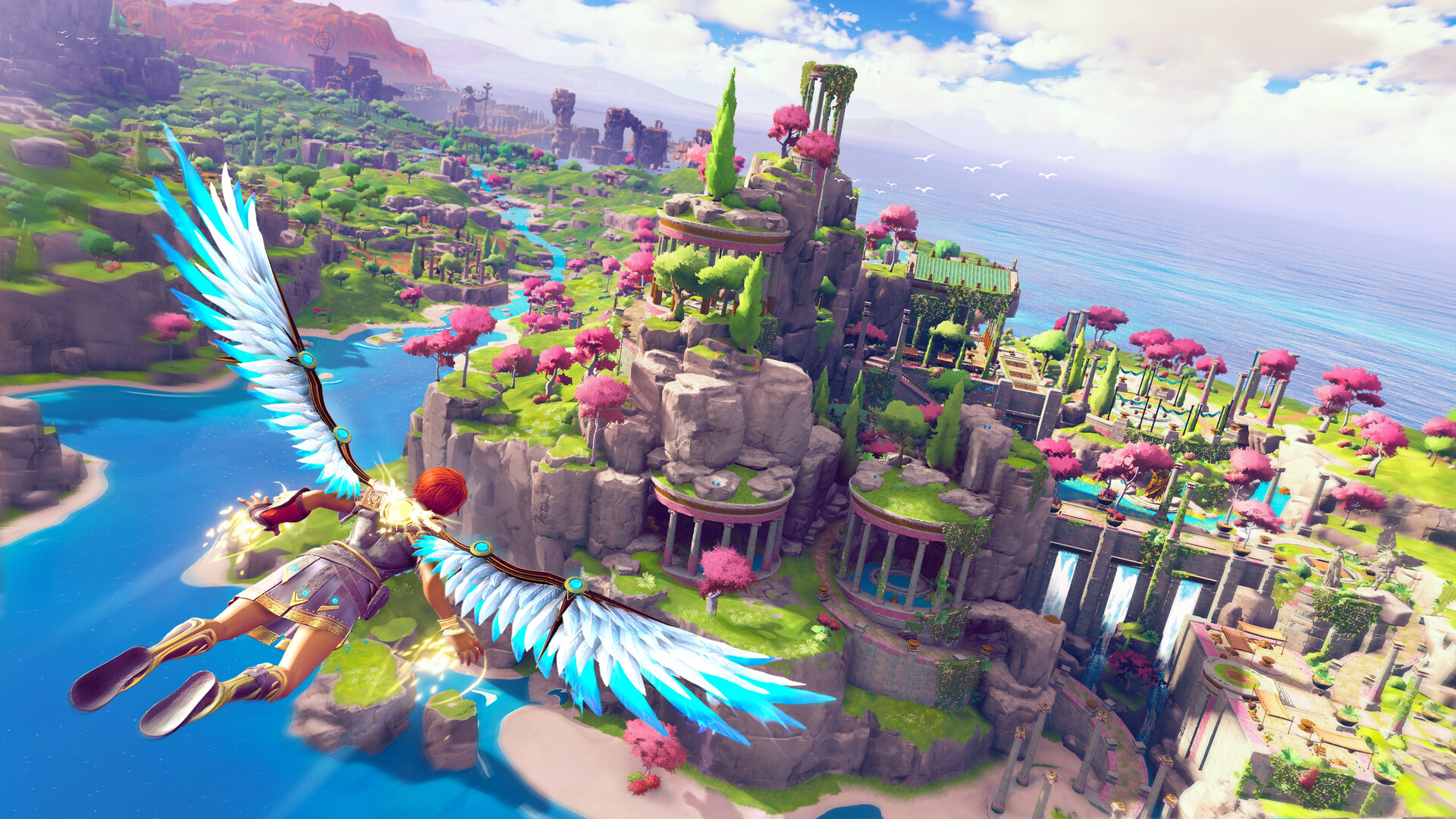 Fenyx glides above a colourful island settlement.