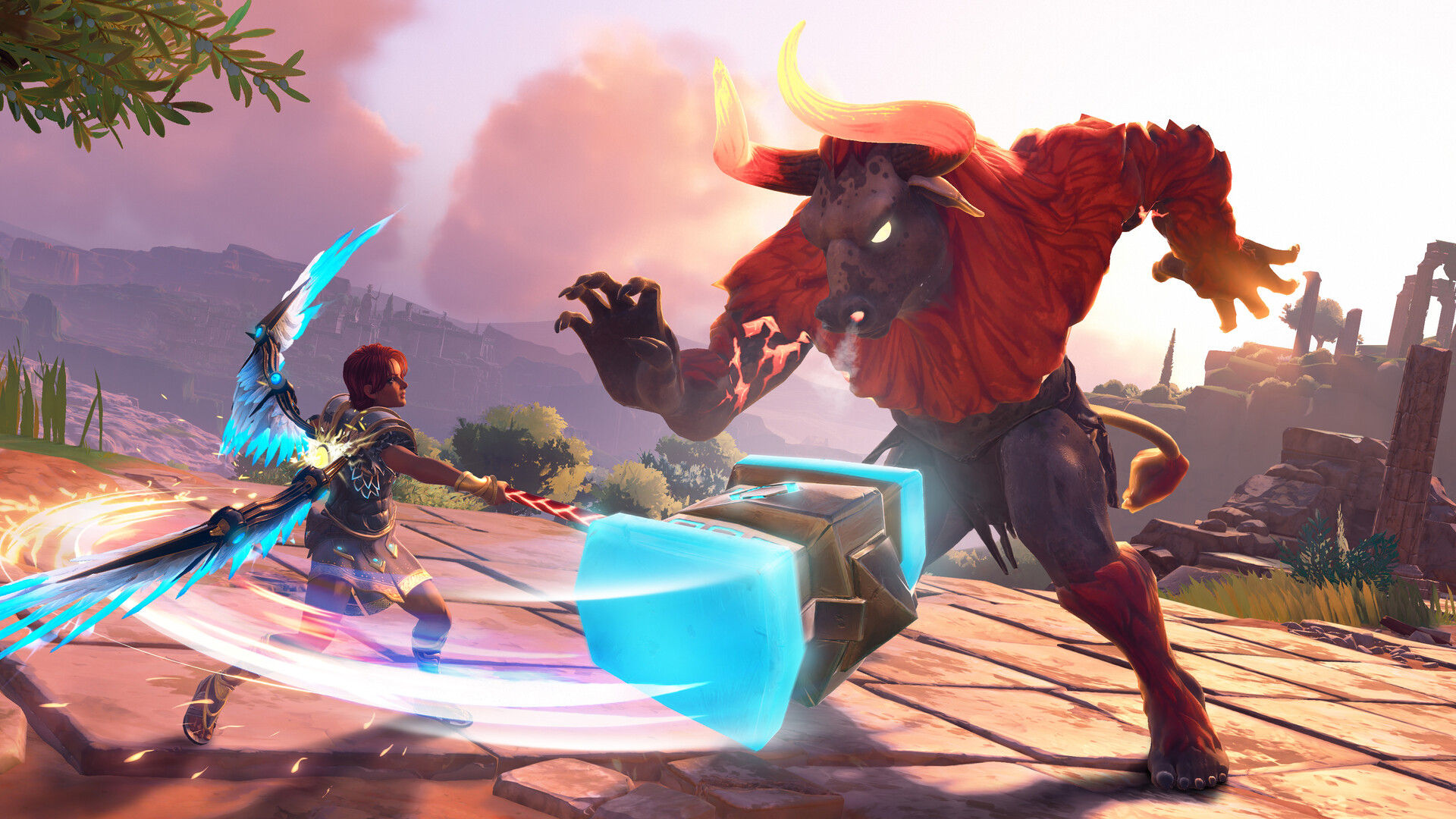 Fenyx fights a large red creature in a ruined arena.