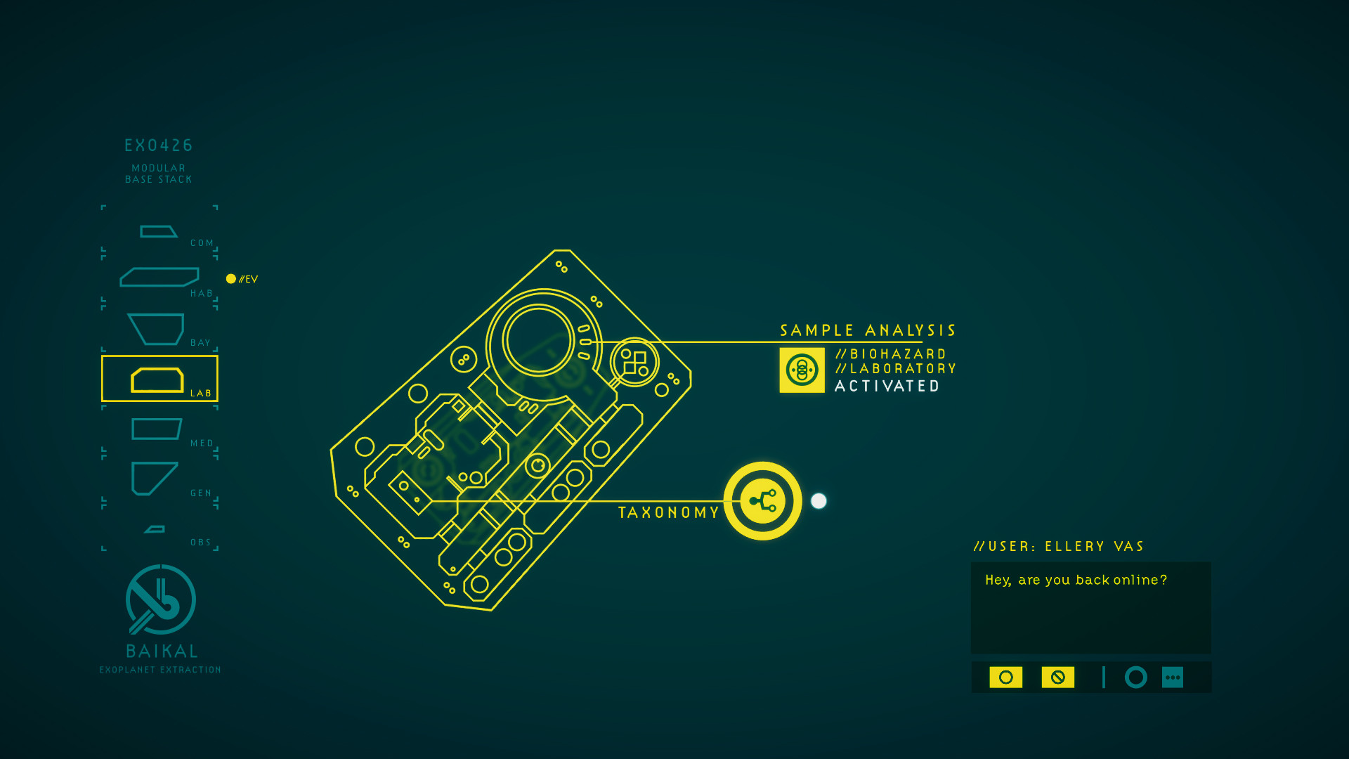 A diver's suit diagram and sample-analysis interface appear on screen.