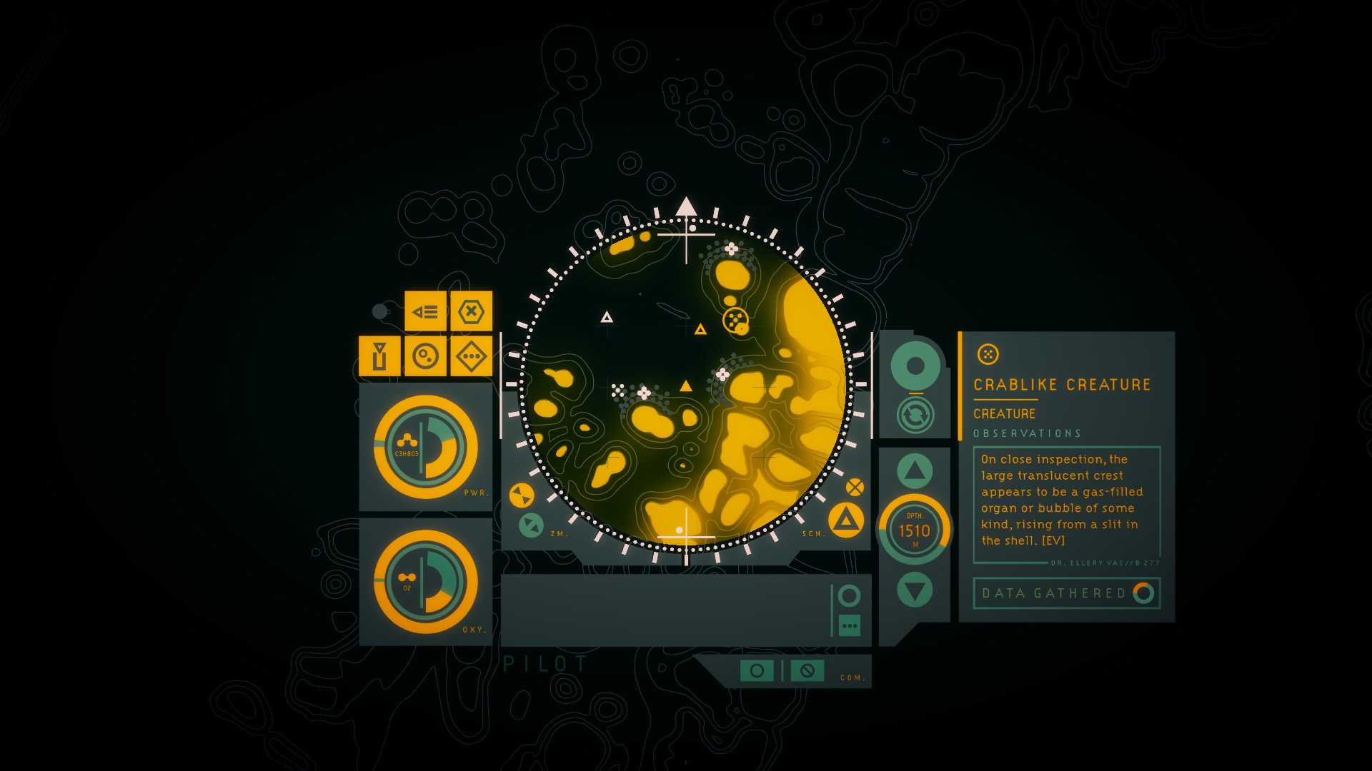 A circular scan highlights an alien sea creature and its data.