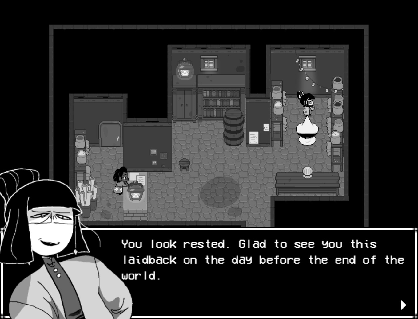 A dialogue scene appears in a monochrome room.