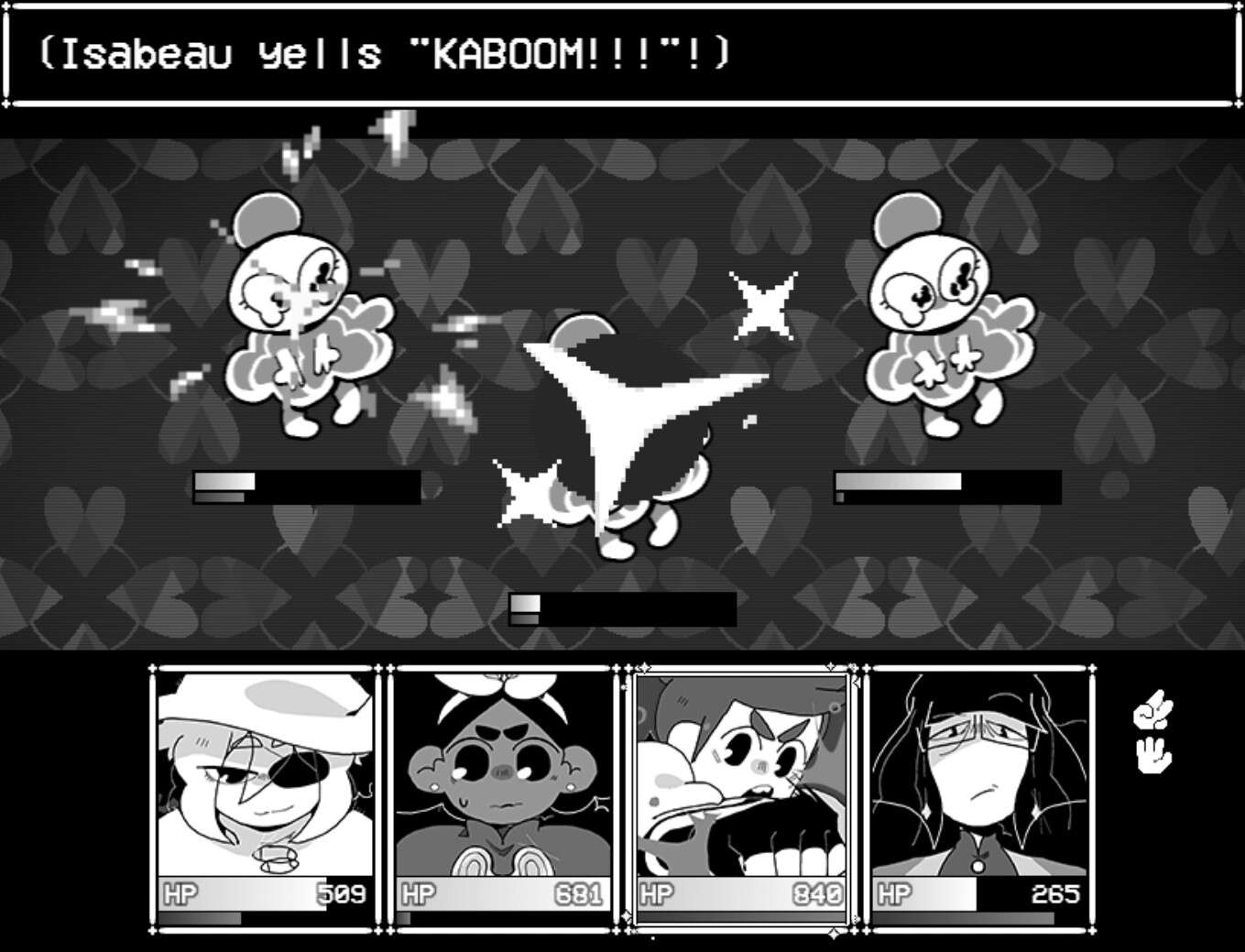 The party faces enemies during a monochrome turn-based battle.