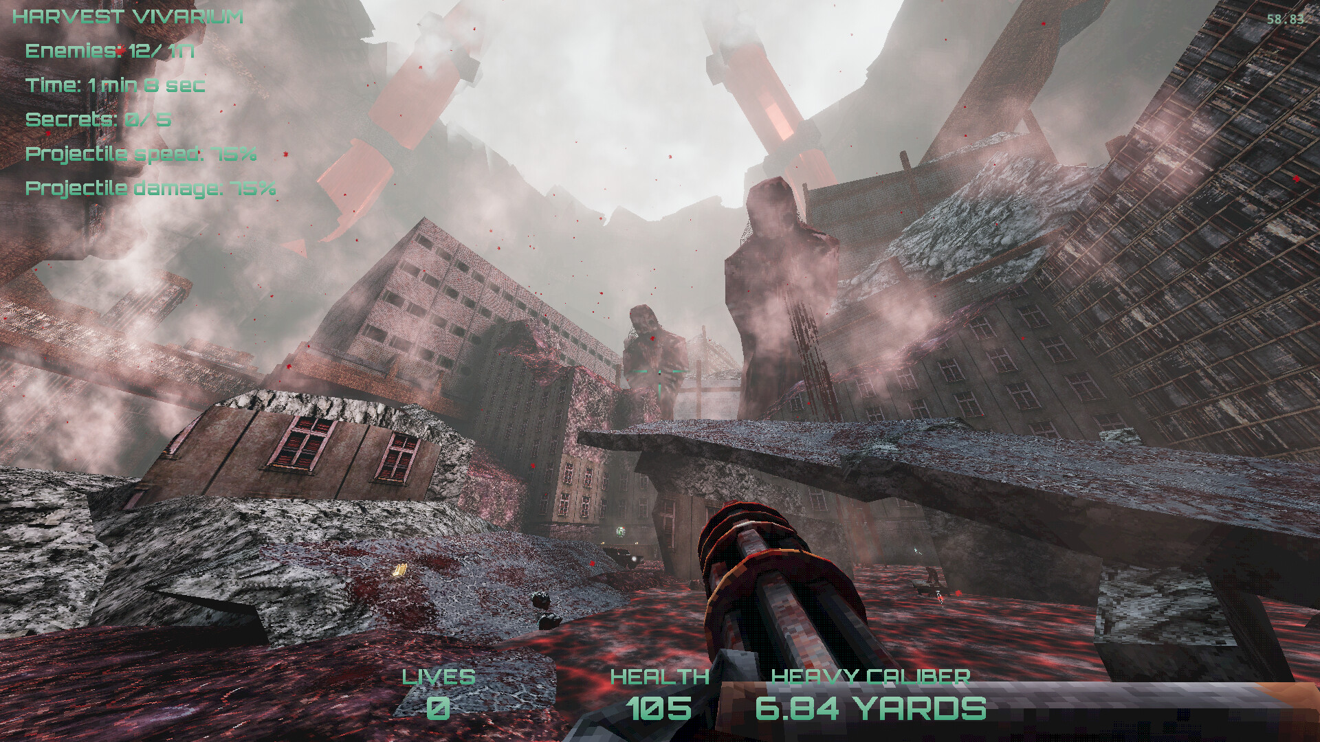 The player looks over a ruined urban landscape.