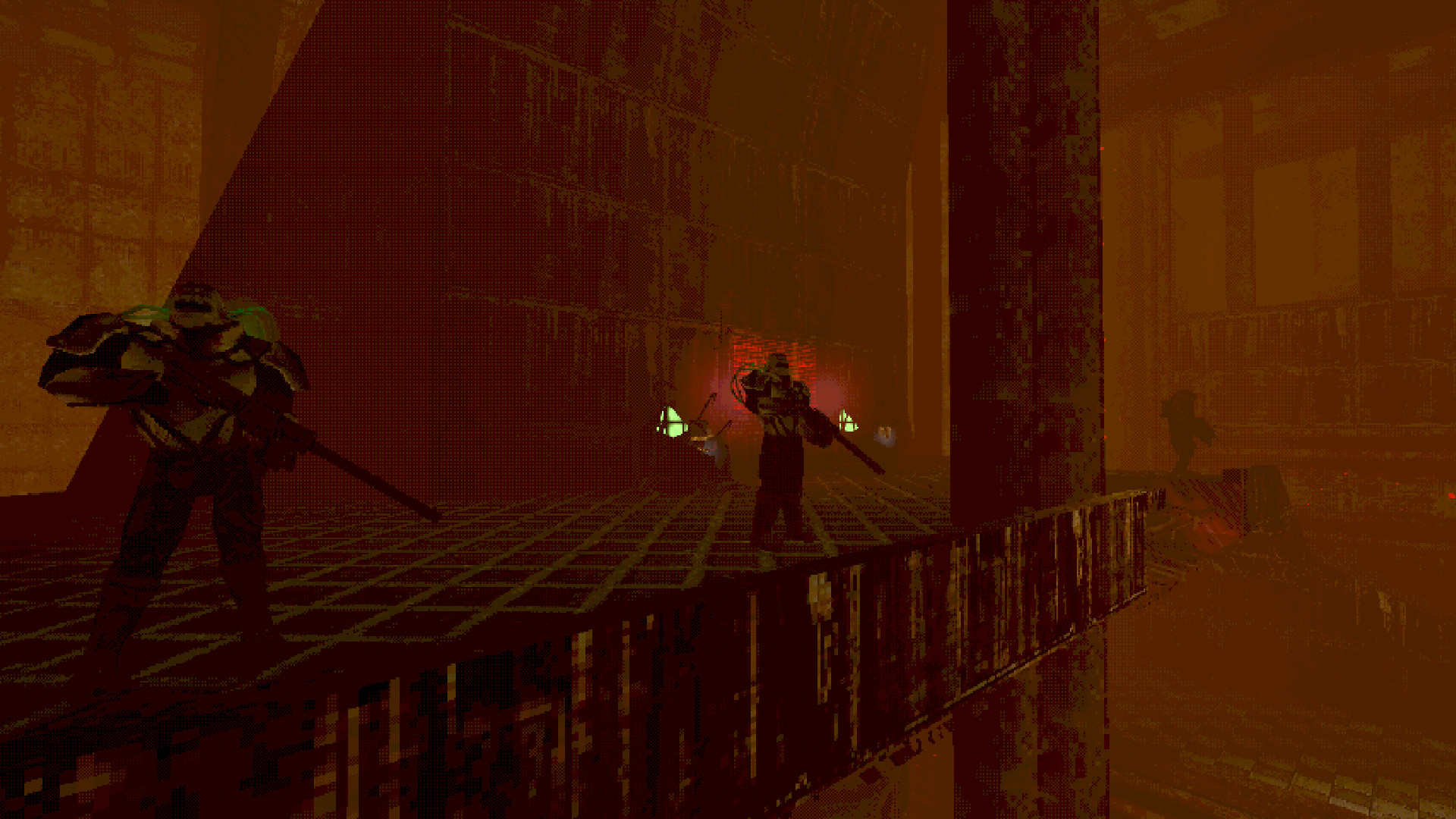 Two enemies stand on a high walkway inside a red-lit structure.