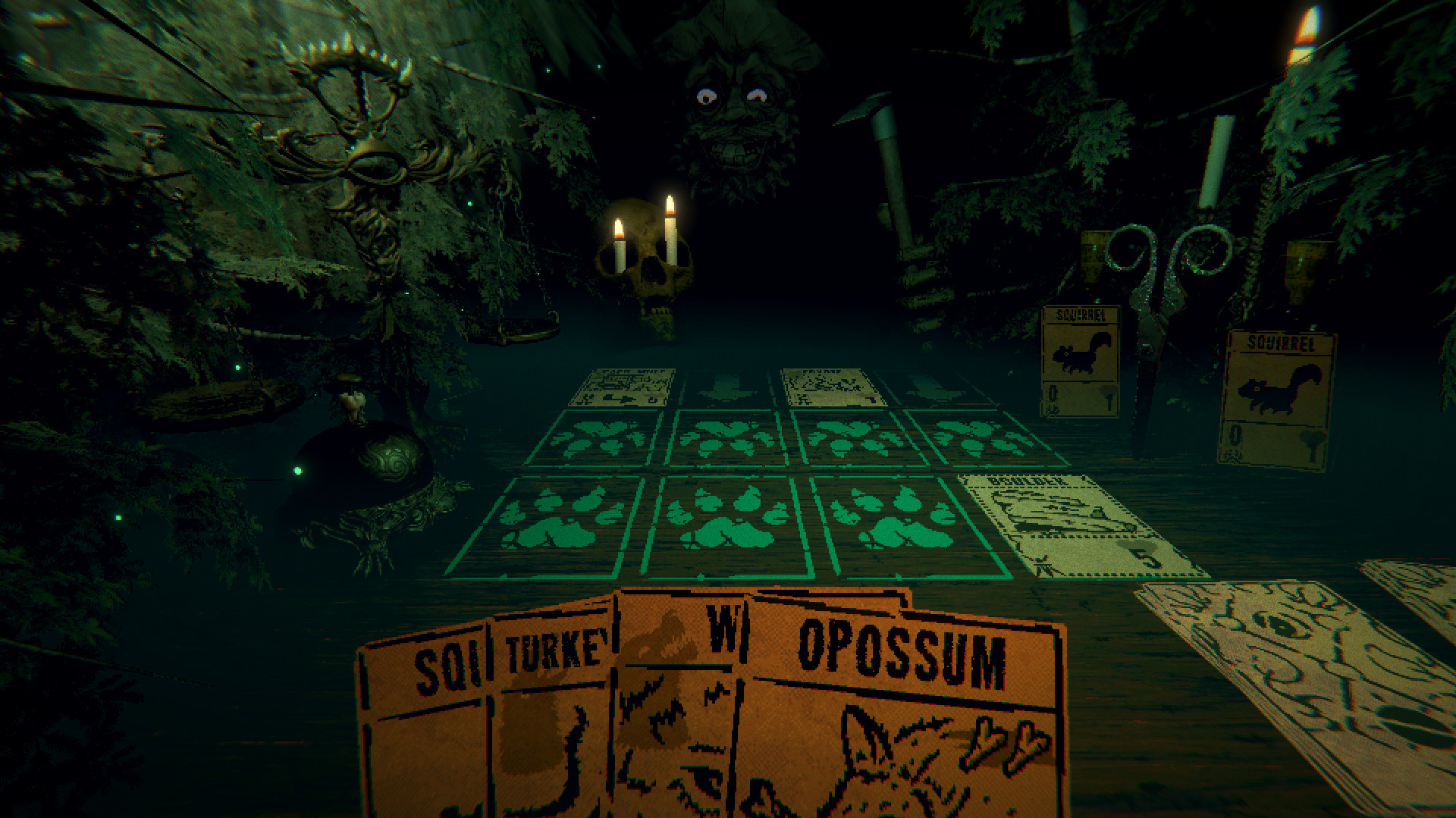 Creature cards lie on the table in the candlelit cabin.