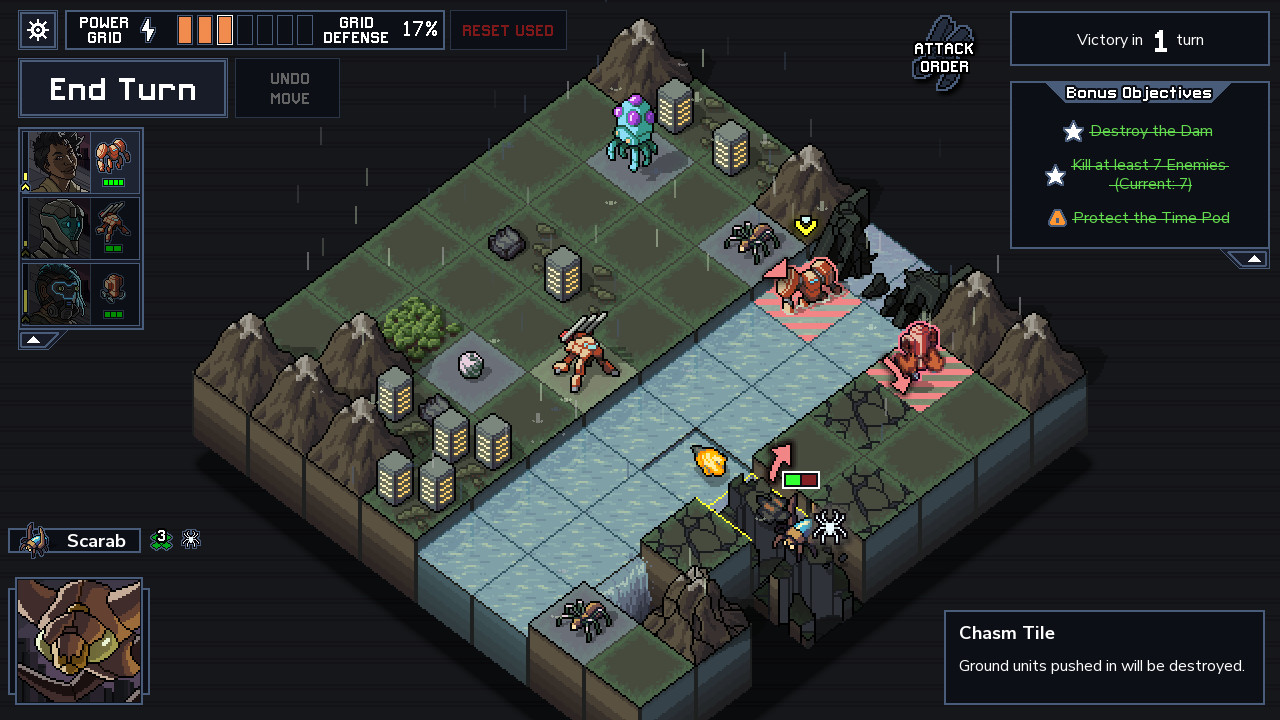 Mechs face incoming attacks on a small grid-based island.