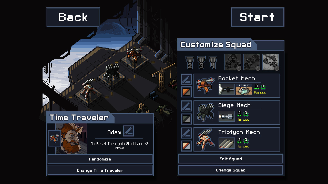 The squad selection screen shows three customizable mechs and a time traveler.