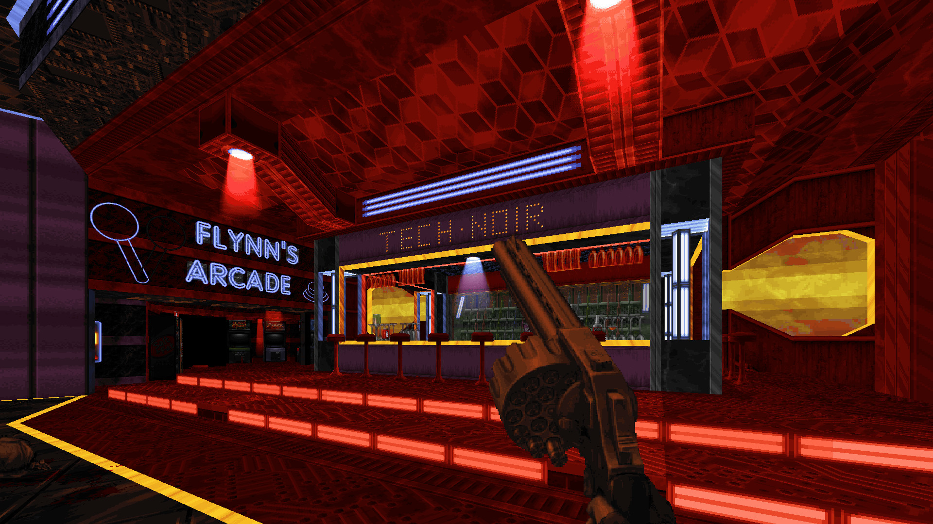 Shelly holds a revolver inside a red-lit arcade.