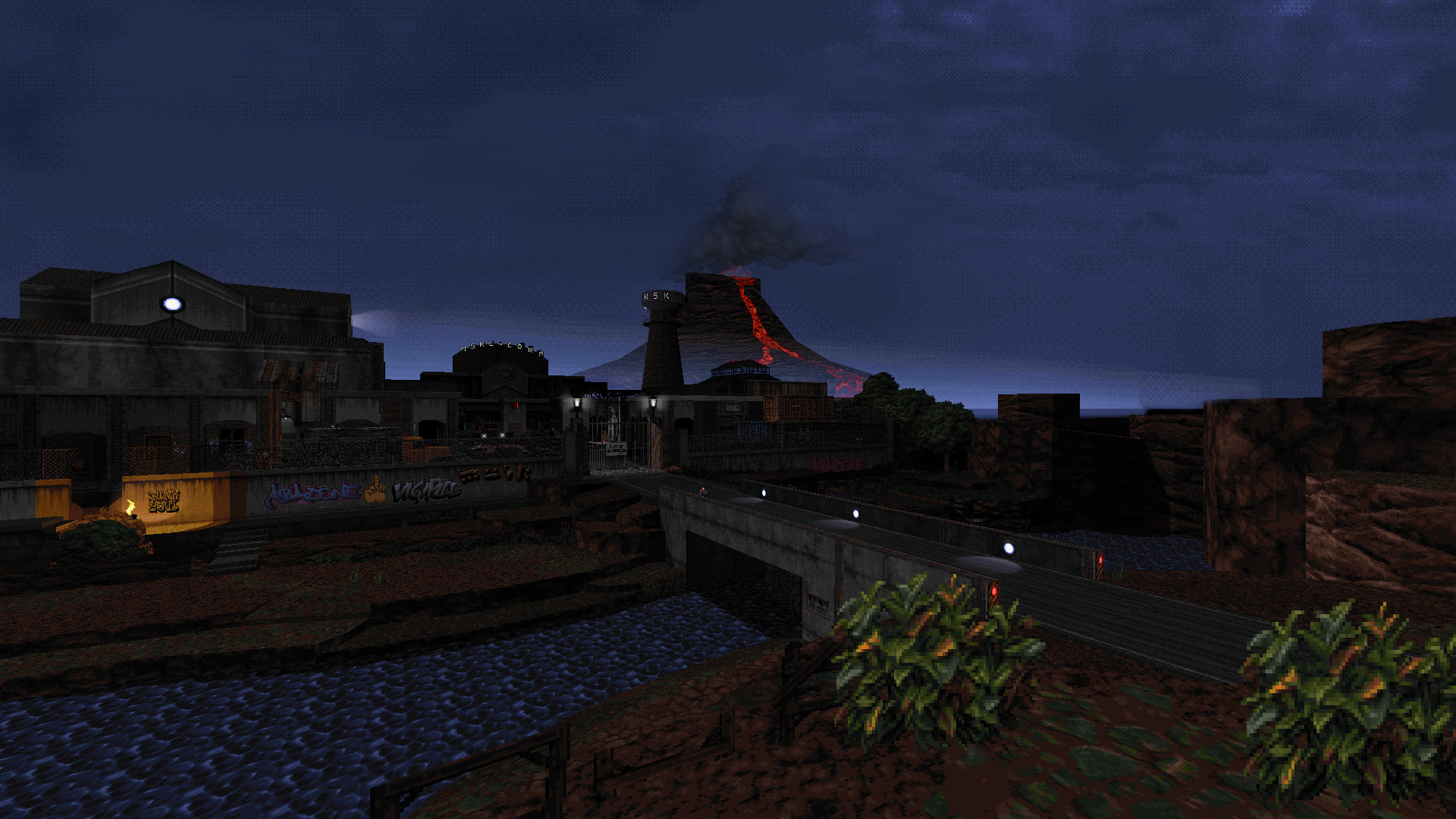 A bridge crosses water toward buildings beneath a darkening sky.