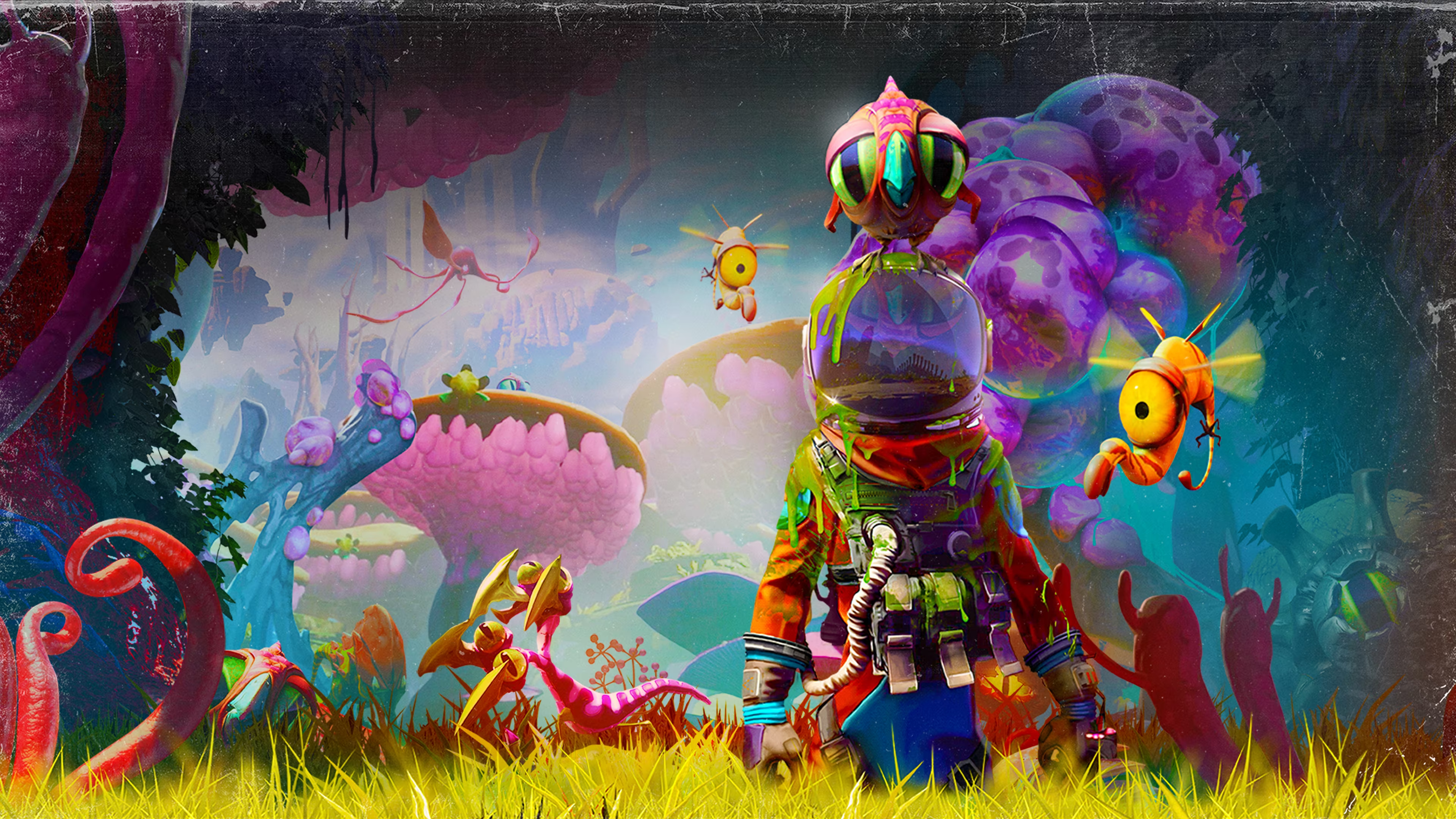 An explorer and alien creatures in official Journey to the Savage Planet artwork.