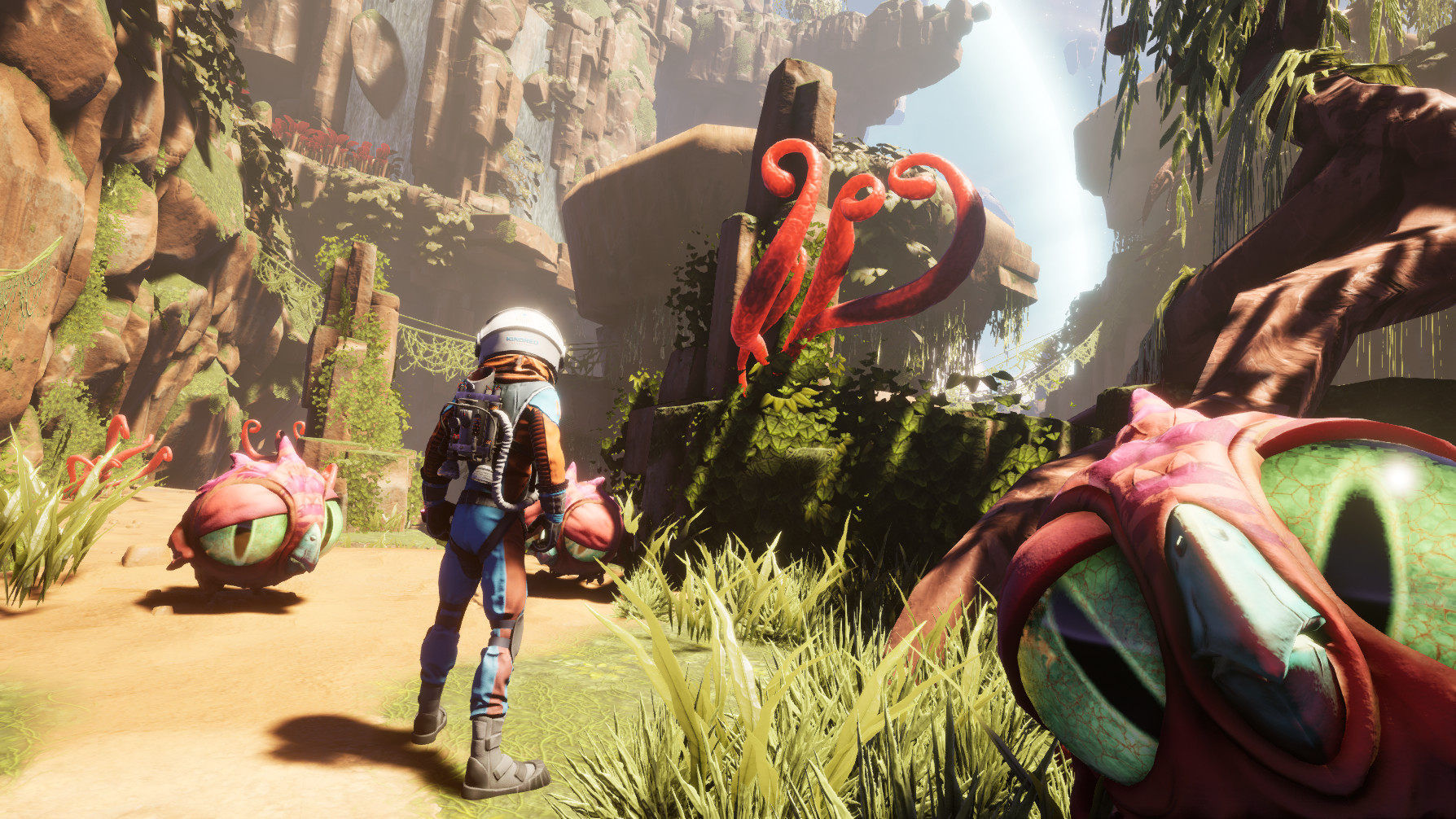 An explorer passes alien plants and creatures on ARY-26.