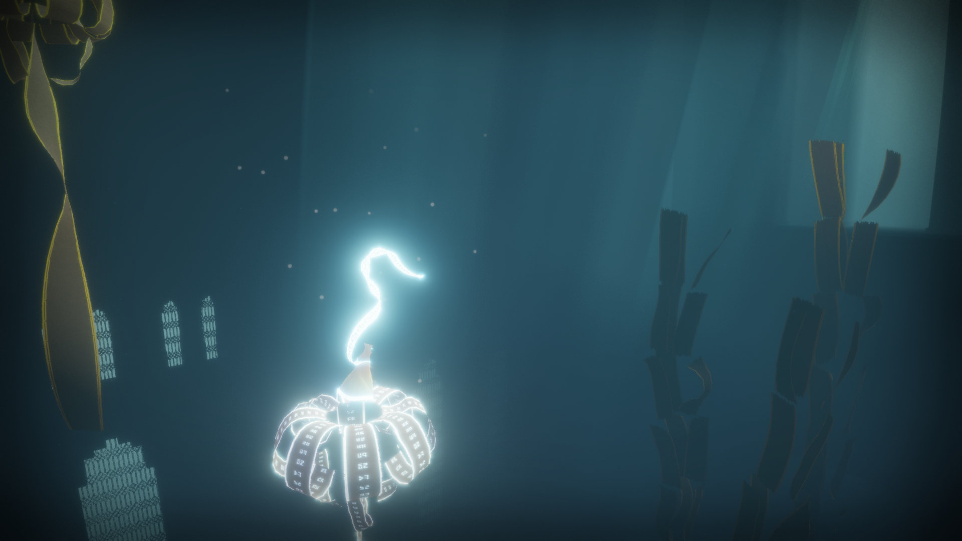 A glowing cloth creature rises inside a dark, submerged chamber.