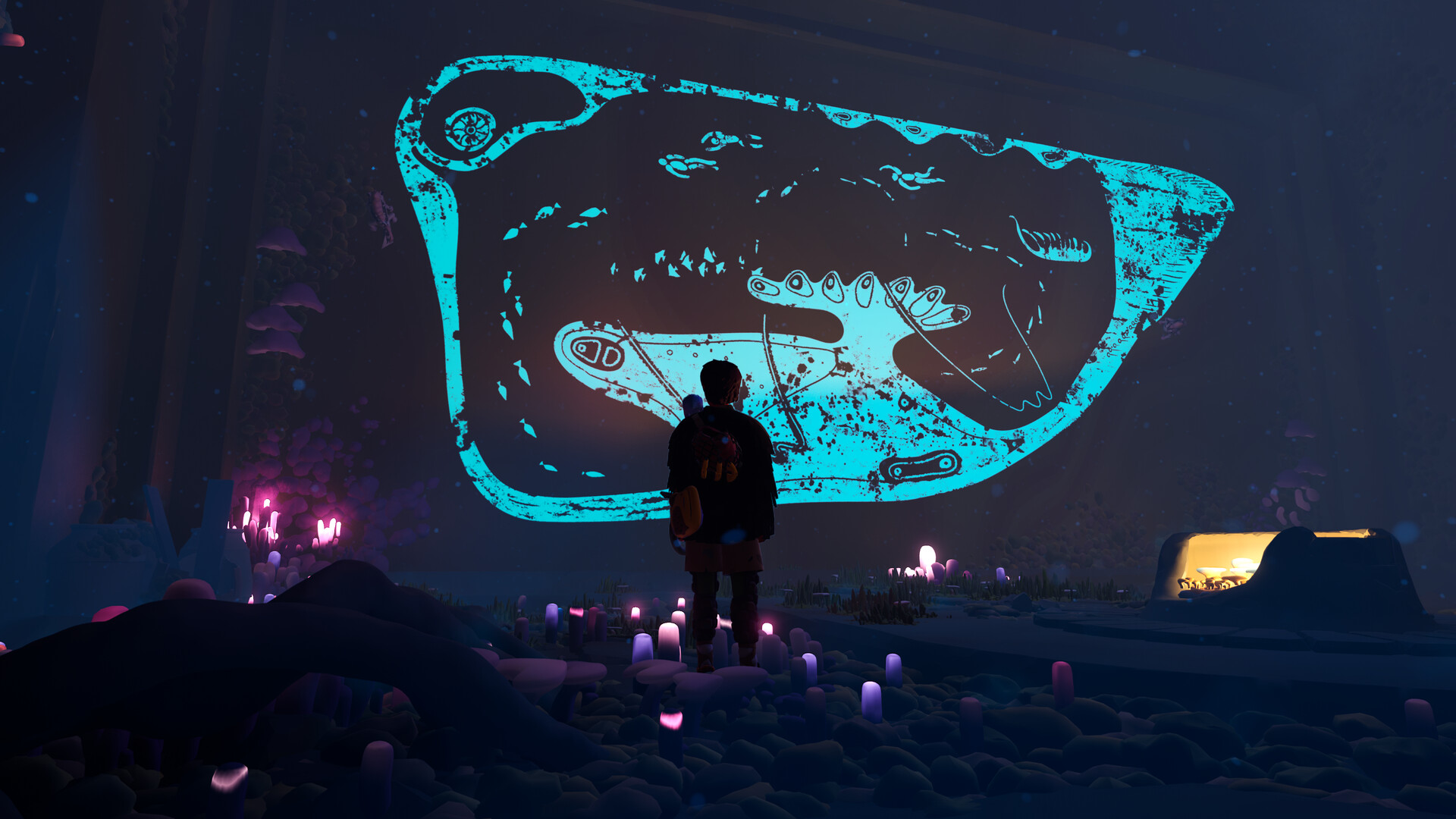 A climber examines a glowing mural in a cavern.