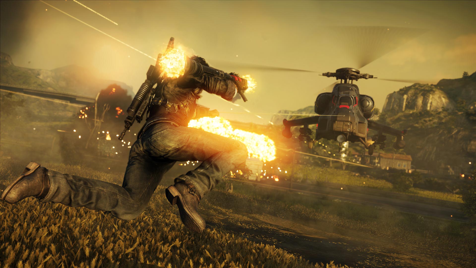 Rico fires while diving toward an armed helicopter.