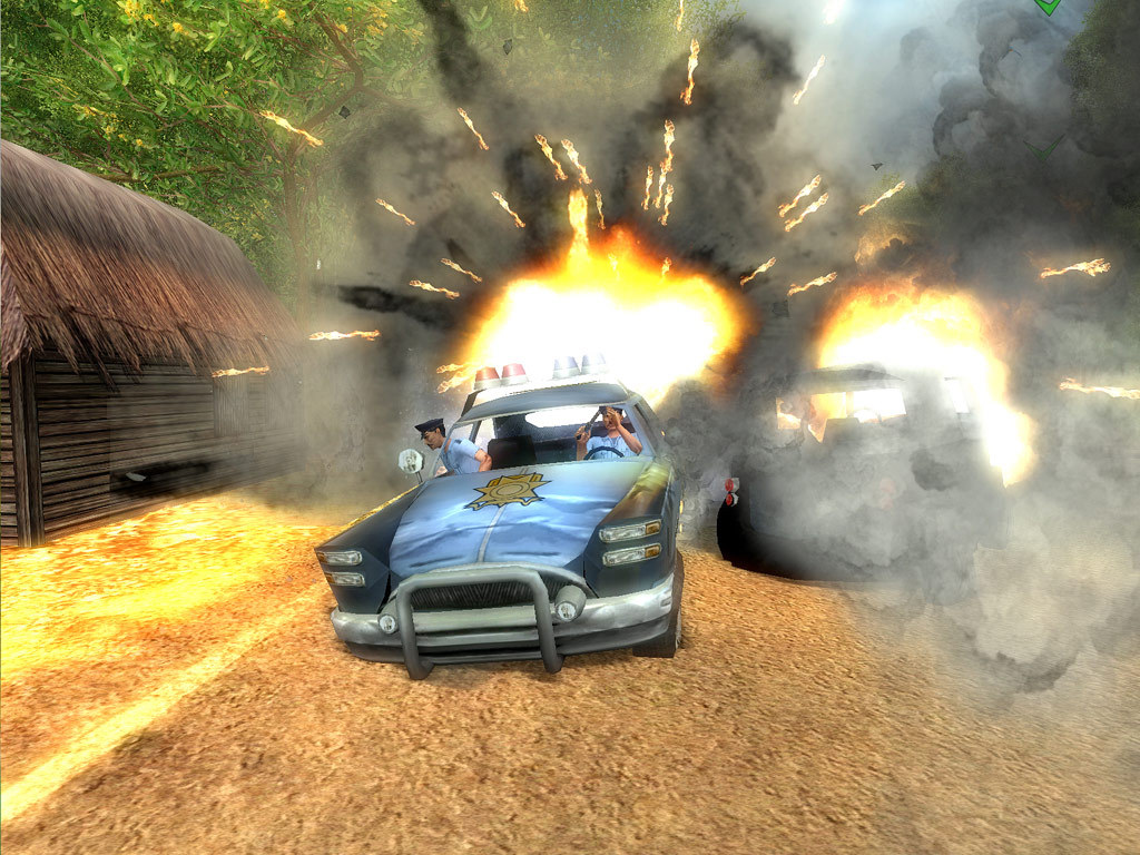 A vehicle escapes explosions along a dirt road.